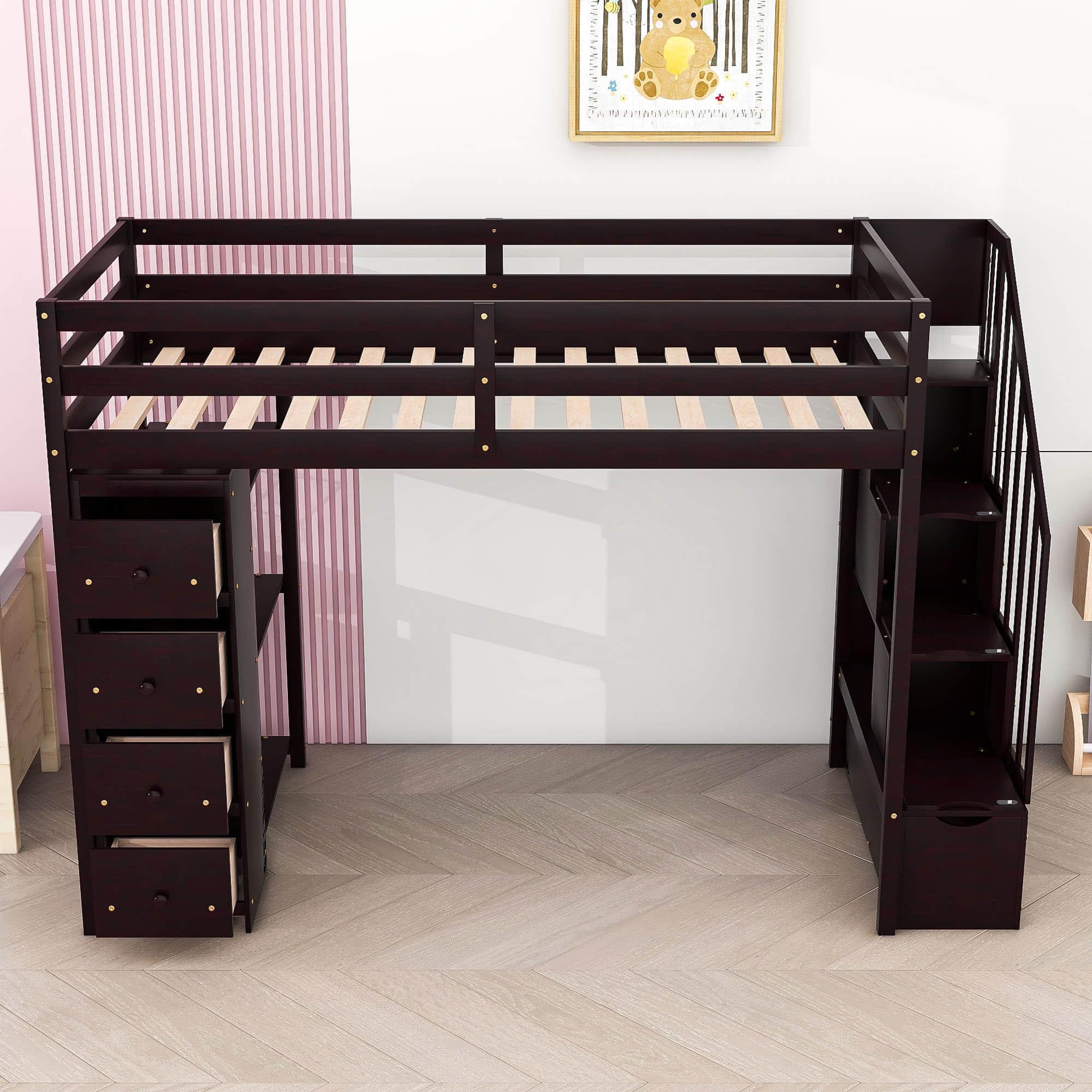 Twin Loft Bed with Stairs and Storage for Kids, Junior - [Wood, Drawers, Shelves]