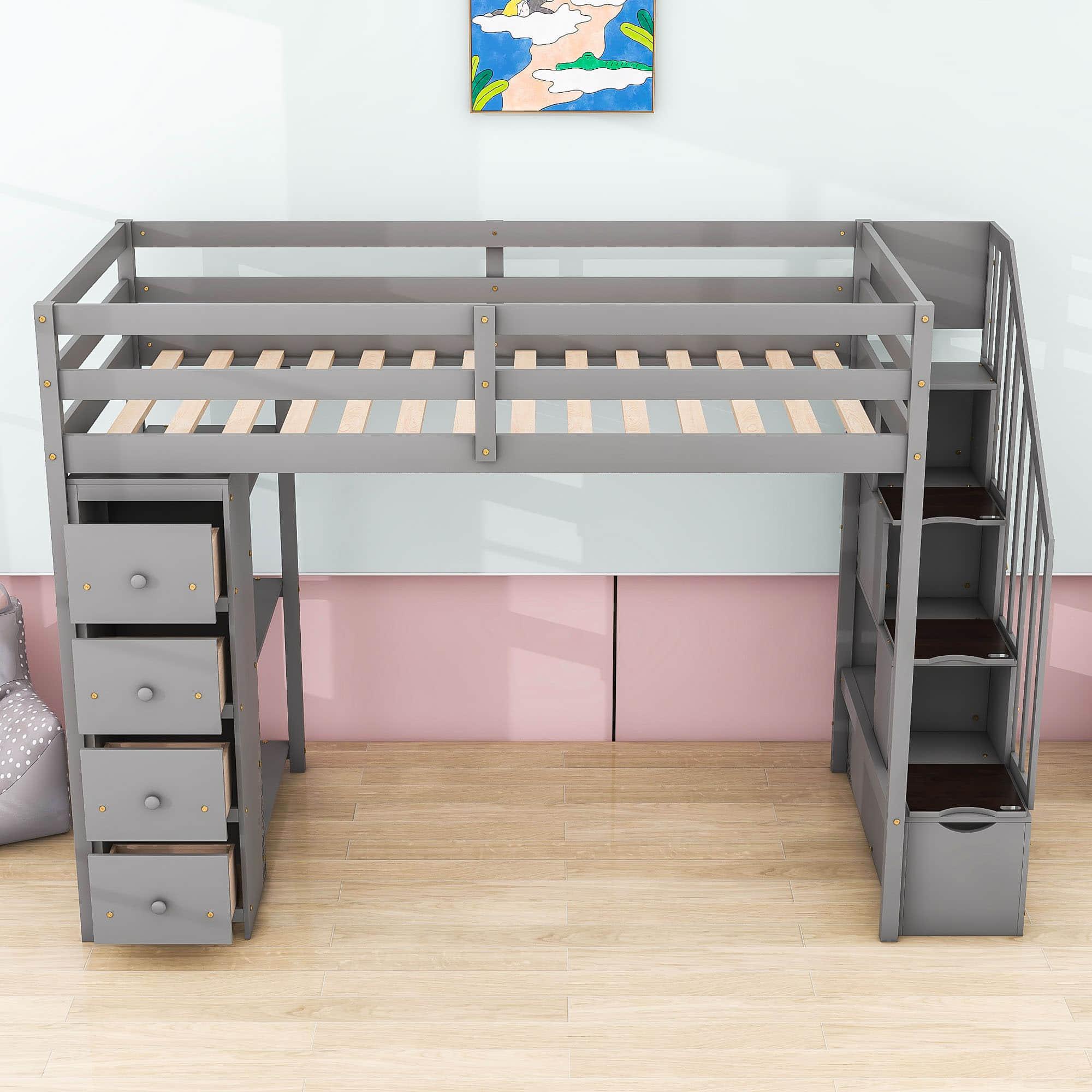 Twin Loft Bed with Stairs and Storage for Kids, Junior - [Wood, Drawers, Shelves]