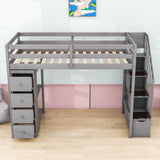 Twin Loft Bed with Stairs and Storage for Kids, Junior - [Wood, Drawers, Shelves]