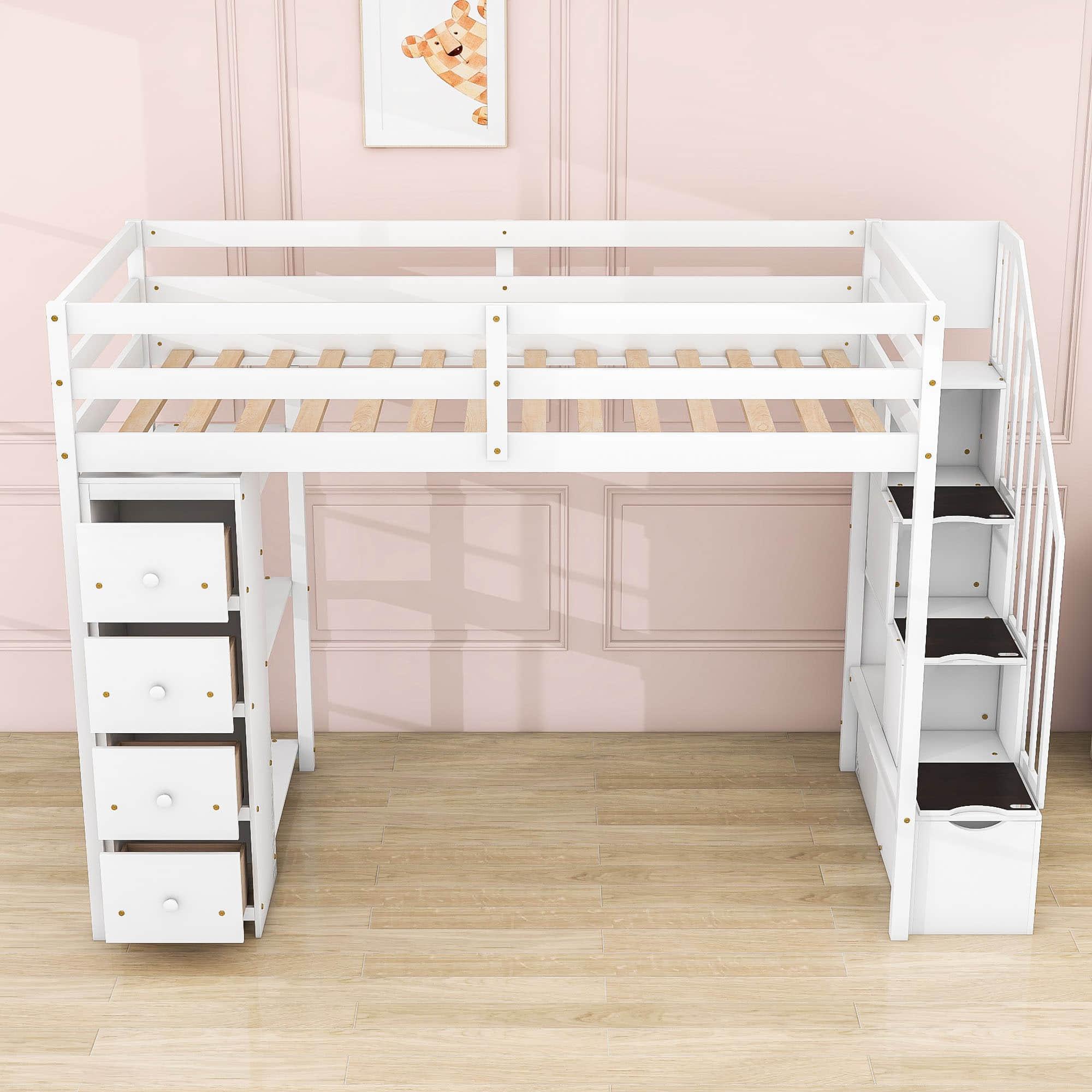 Twin Loft Bed with Stairs and Storage for Kids, Junior - [Wood, Drawers, Shelves]