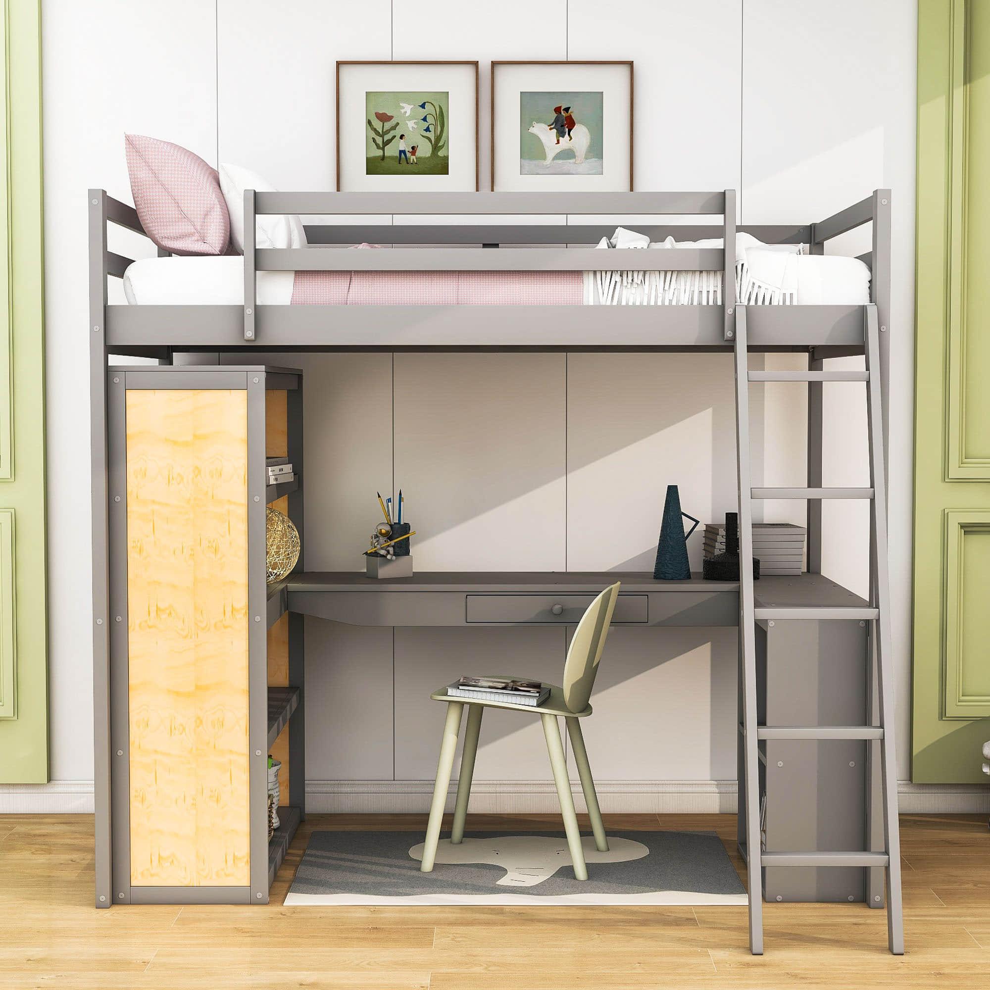 Twin Loft Bed with Desk and Storage Shelves for Adults, Teens