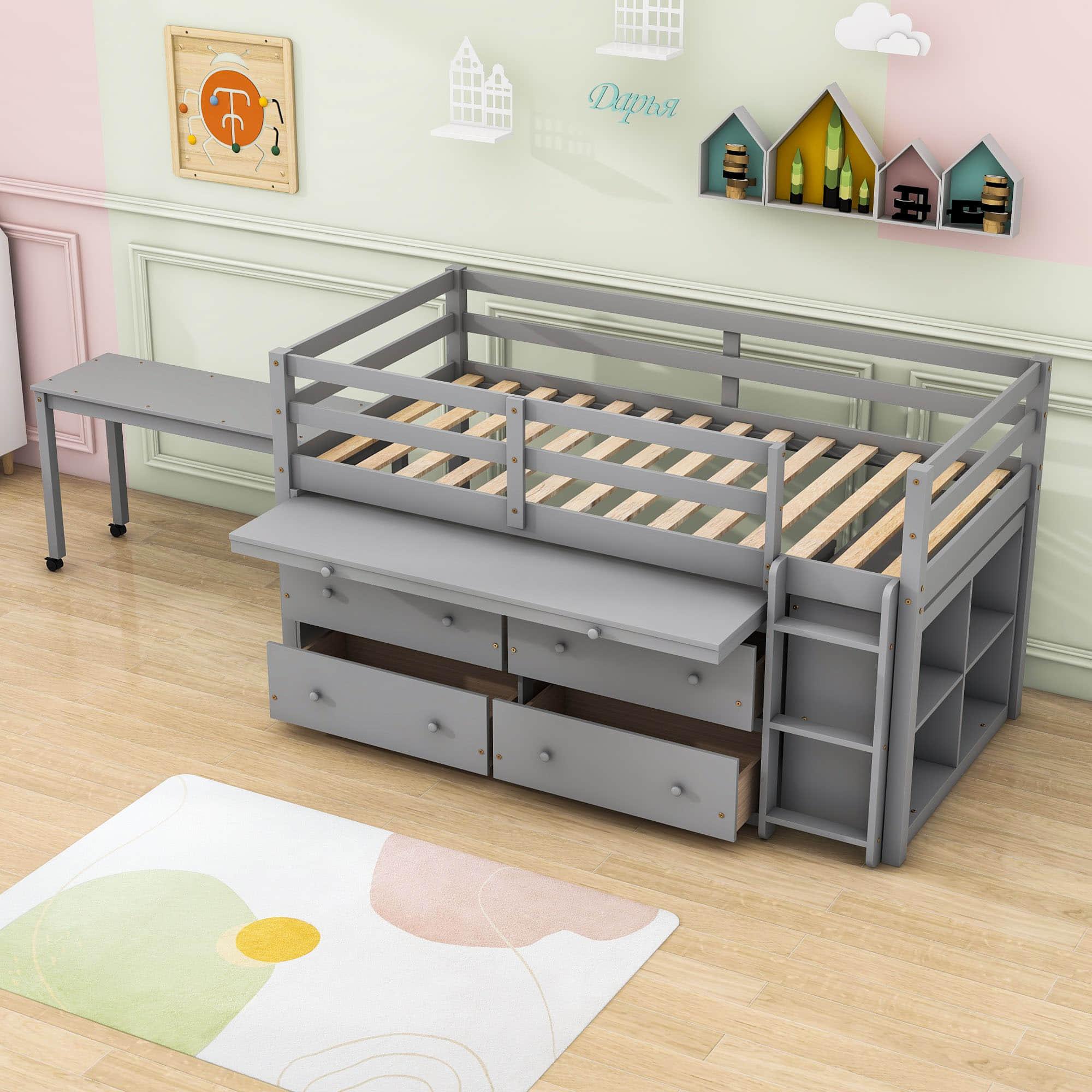 Low Twin Loft Bed with Desk and Storage Drawers for Kids, Toddler