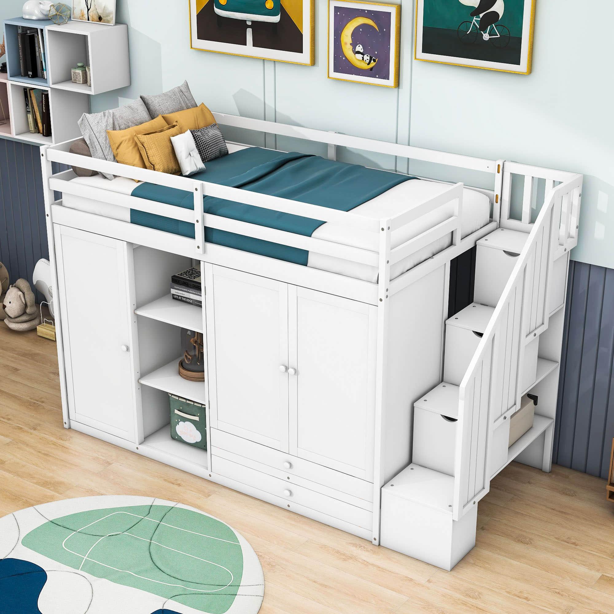 Medium Twin Loft Bed with Stairs and Storage - [Wood, Drawers, Wardrobe, Shelves]