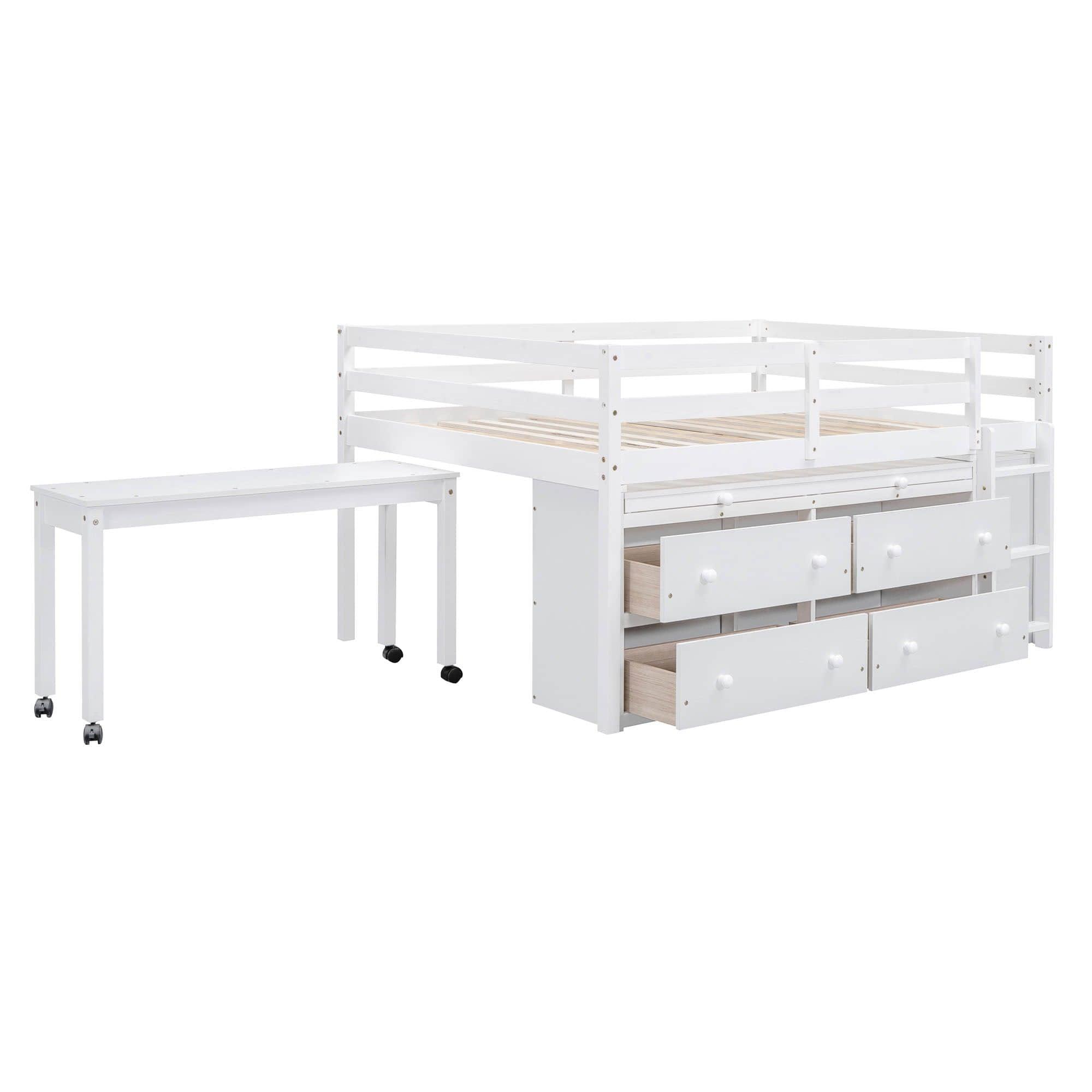 Full Size Low Loft Bed with Desk and Storage for Kids, Toddler