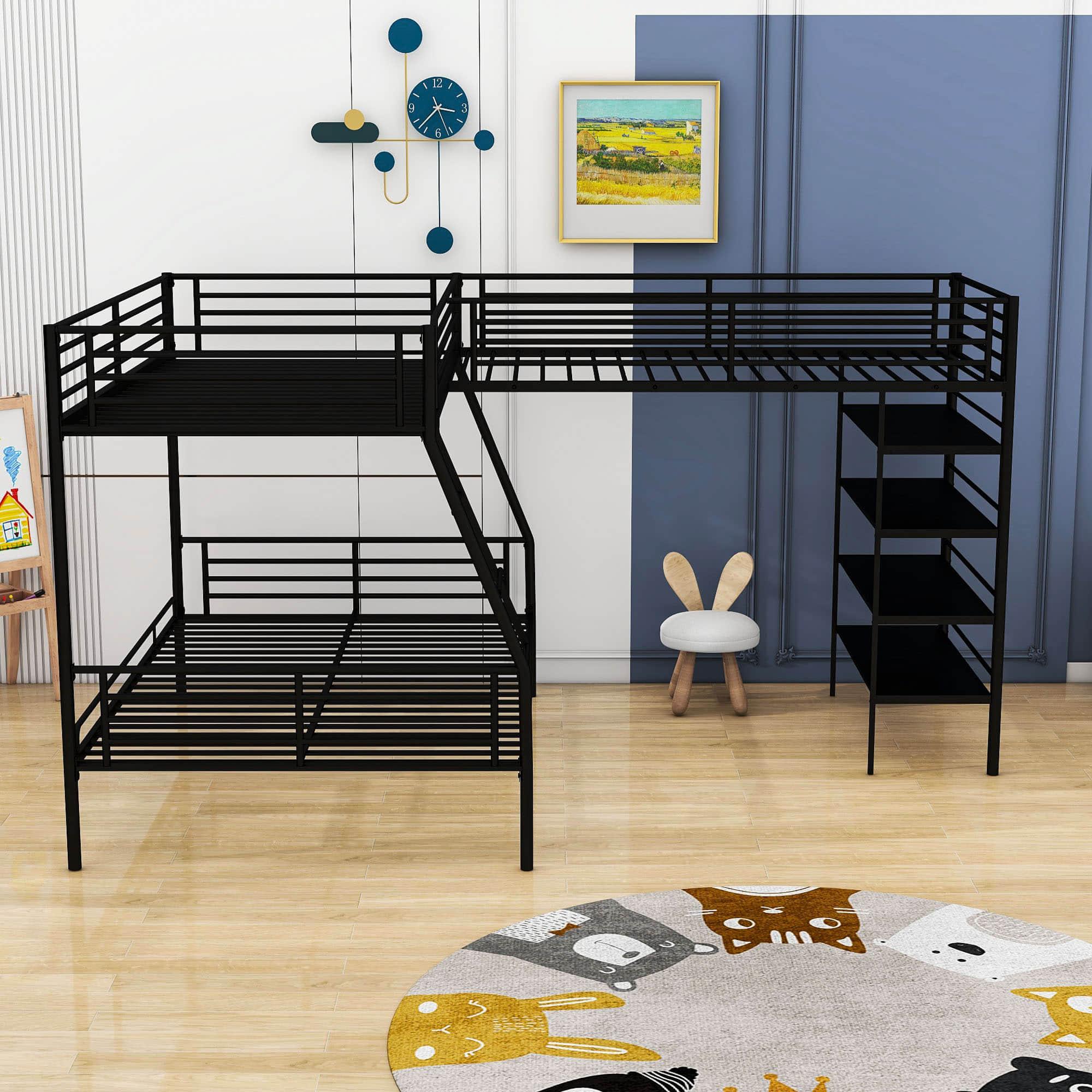 Twin Over Full Loft Triple Bunk Beds with Storage Shelves - [Metal, L-Shaped]