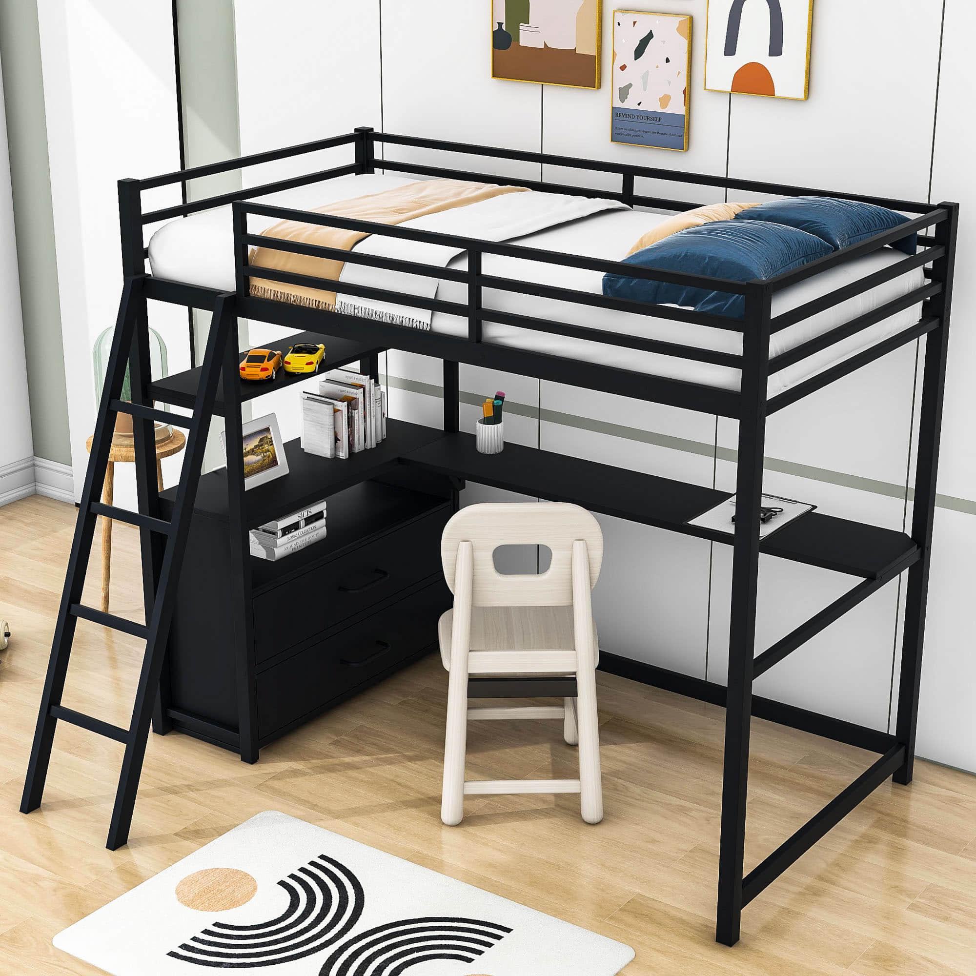 Metal Twin Size Loft Bed with Desk and Storage for College, Dorms