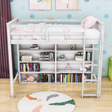 Wood Twin Loft Bed with Large Open Storage Shelves for Adults, Kids