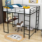 Metal Full Size Loft Bed Frame with Desk and Shelves - [2 Ladders]