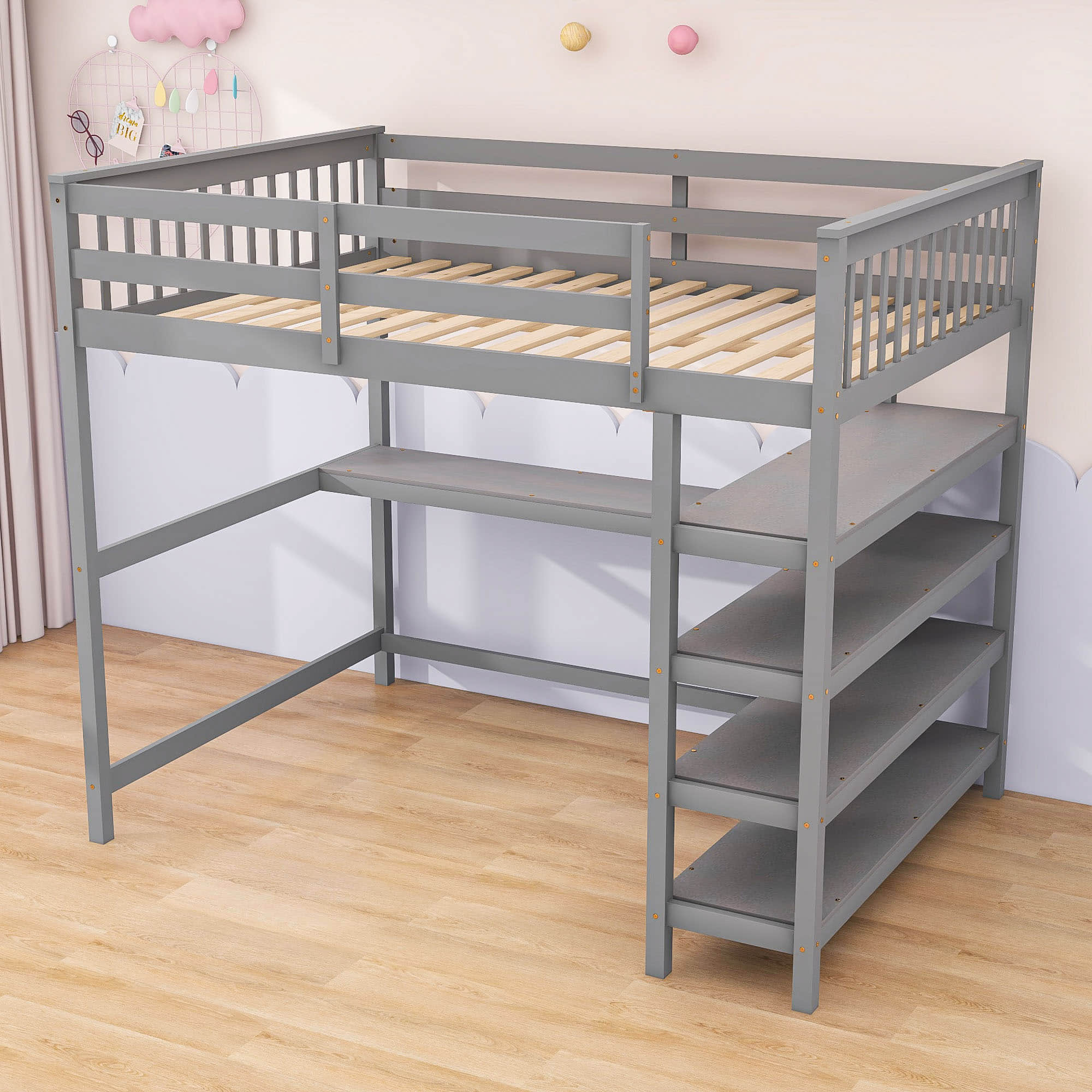 Full Size Loft Bed with Desk and Storage Shelves for Adults, Kids