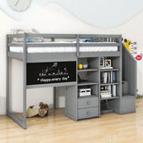 Twin Loft Bed with Stairs and Desk, Storage - [Wood, Drawers, Shelves, Blackboard]