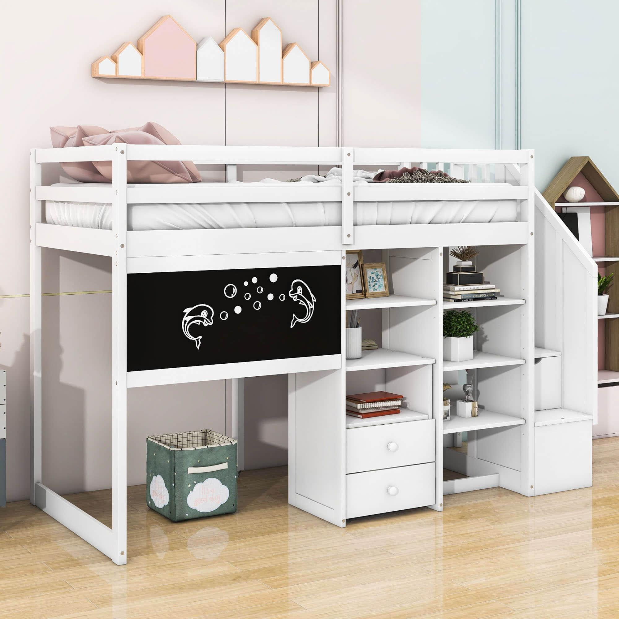 Twin Loft Bed with Stairs and Desk, Storage - [Wood, Drawers, Shelves, Blackboard]