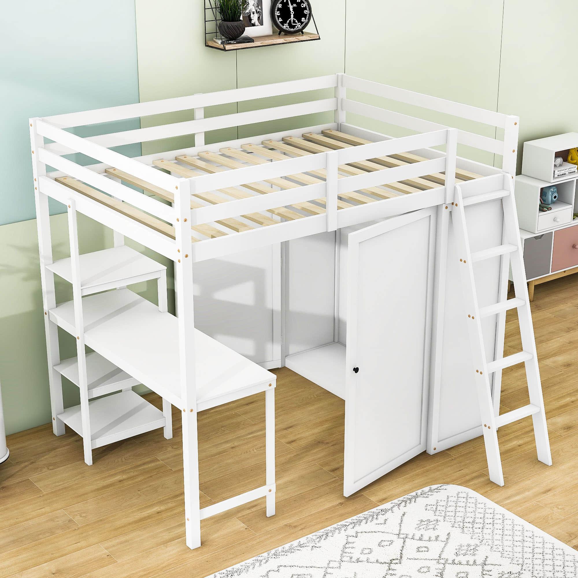 Full Size Loft Bed with Desk and Storage for Adults, Kids - [Wardrobe]