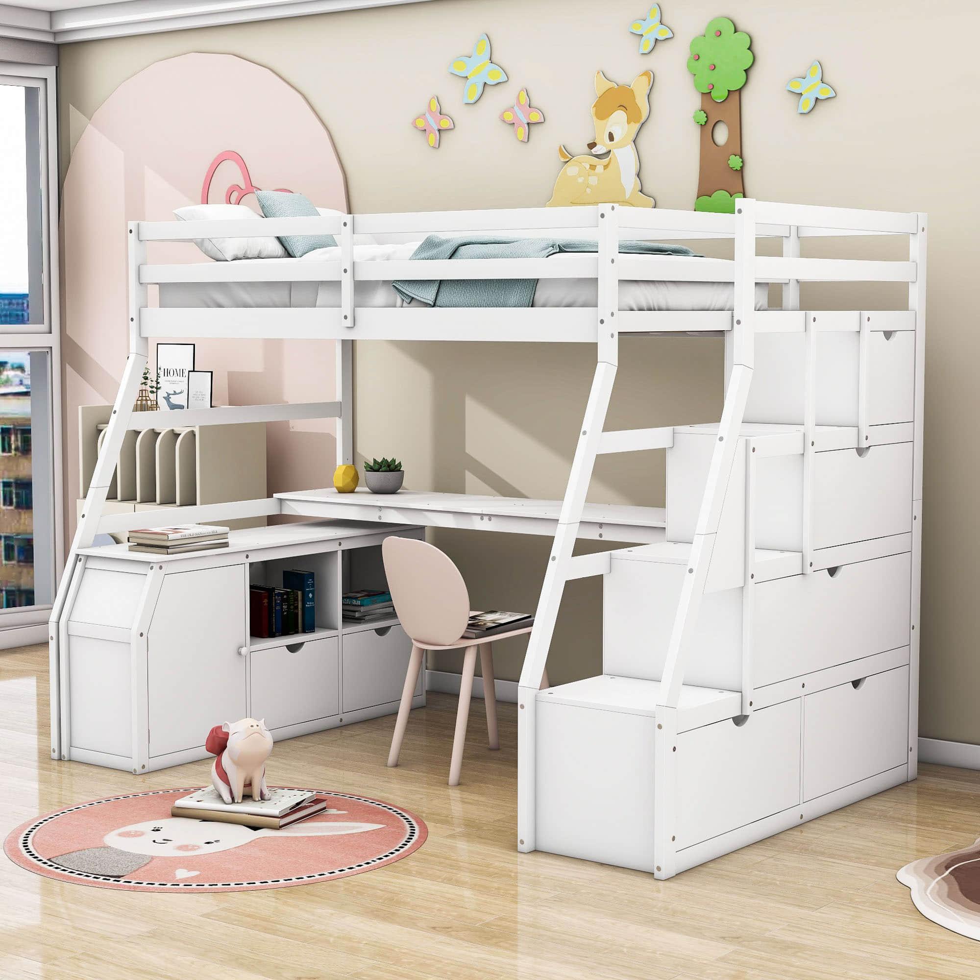 Twin Loft Bed with Desk and Stairs, Storage for Teens, Kids - [Drawers]