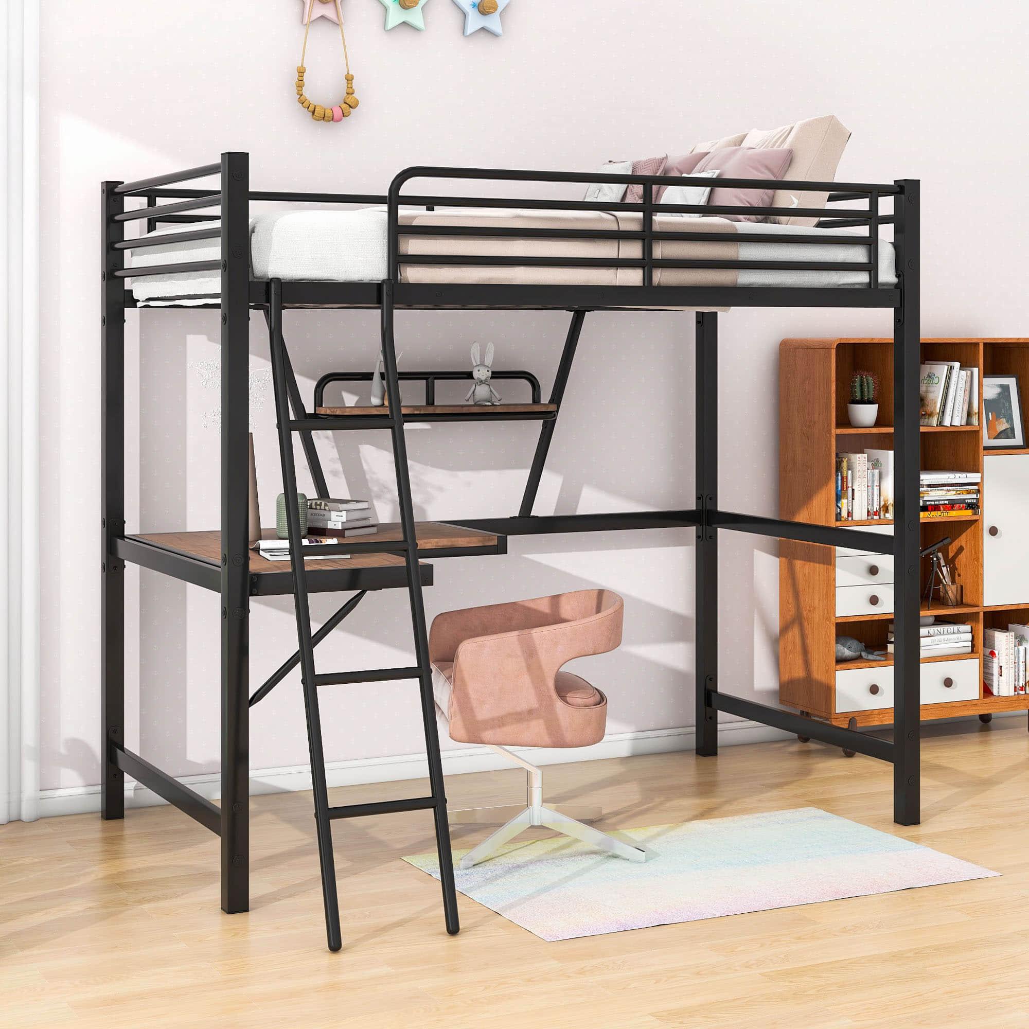 Metal Twin Loft Bed with Desk and Storage Shelf for Gamer, Adults