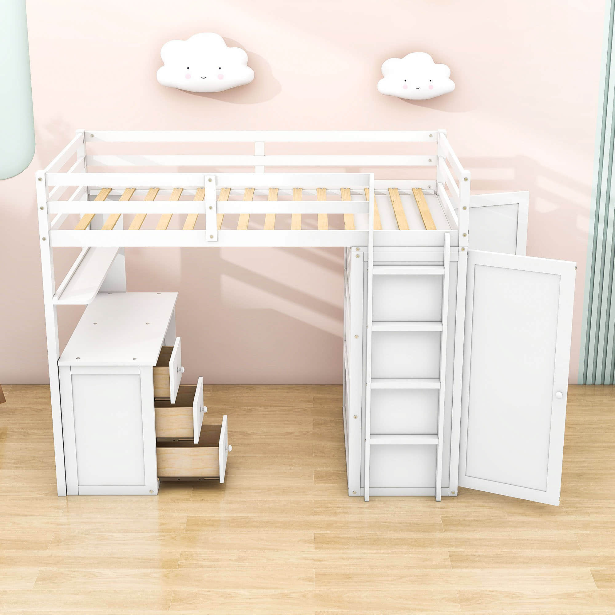 Wood Twin Loft Bed with Desk and Storage for Kids, Adults - [Wardrobe]