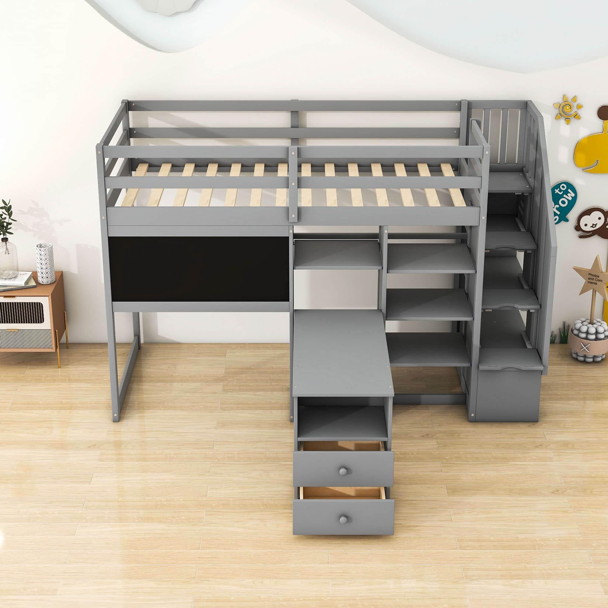 Twin Loft Bed with Stairs and Desk, Storage - [Wood, Drawers, Shelves, Blackboard]