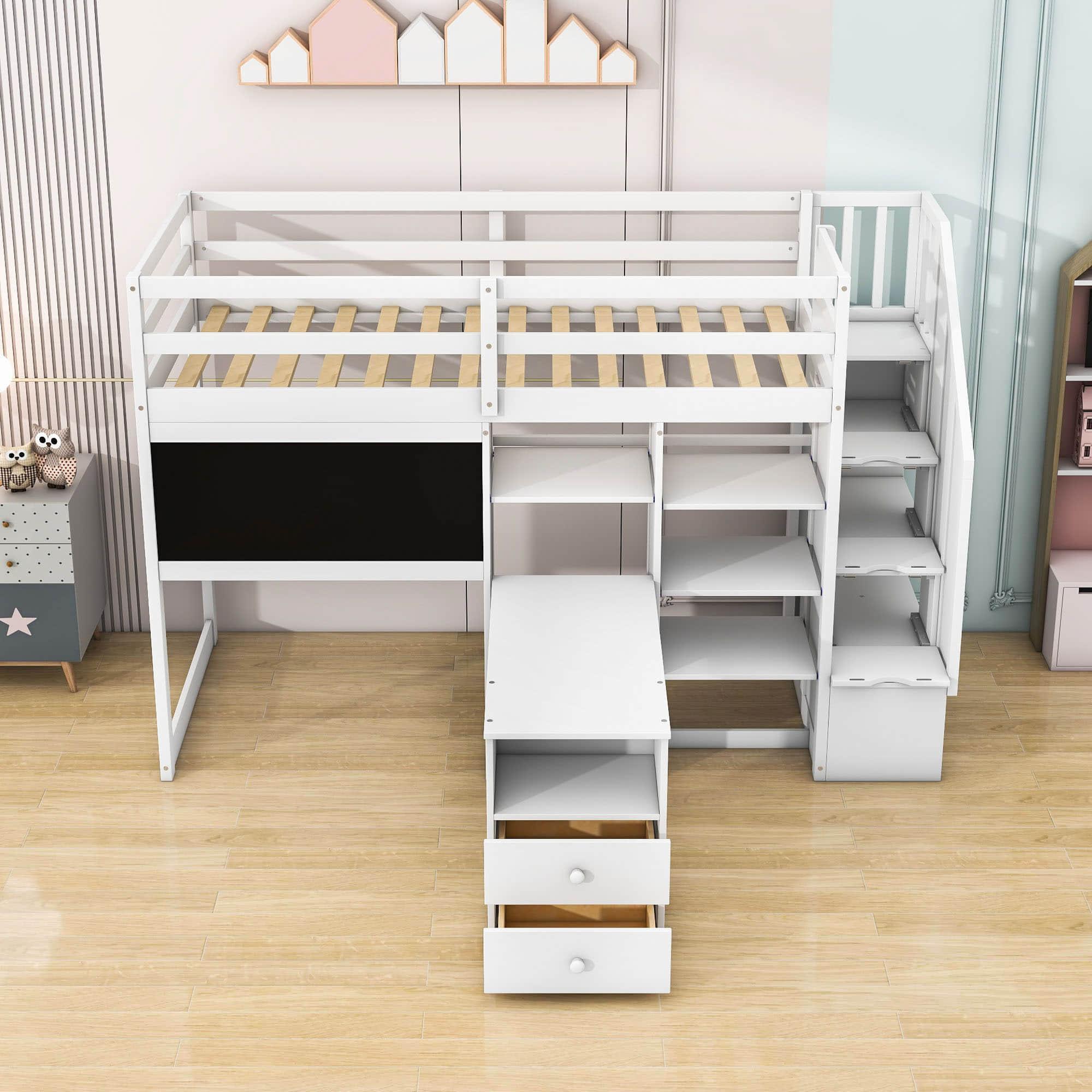 Twin Loft Bed with Stairs and Desk, Storage - [Wood, Drawers, Shelves, Blackboard]