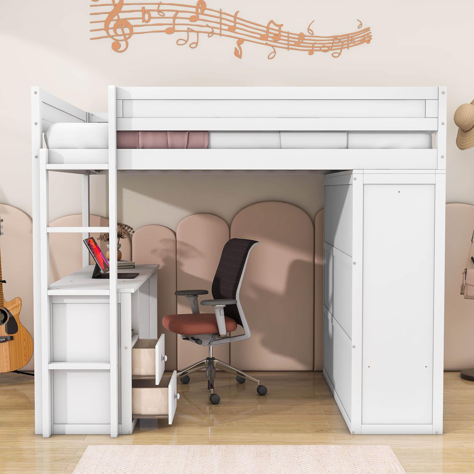 Full Size Loft Bed with Desk and Storage Cabinet, Wardrobe - [Wood, Drawers]