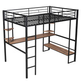 Modern Metal Full Size Loft Bed with Desk and Storage Shelves for Junior - [Black]