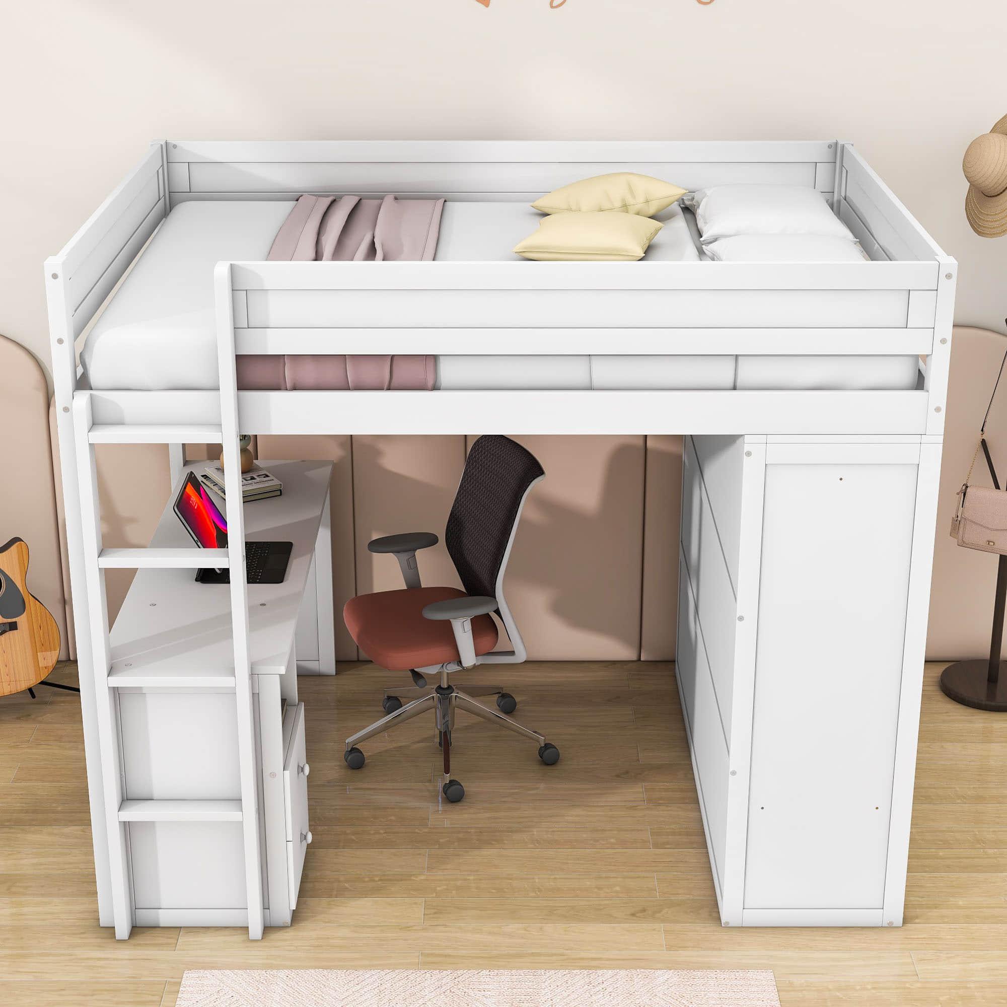 Full Size Loft Bed with Desk and Storage Cabinet, Wardrobe - [Wood, Drawers]