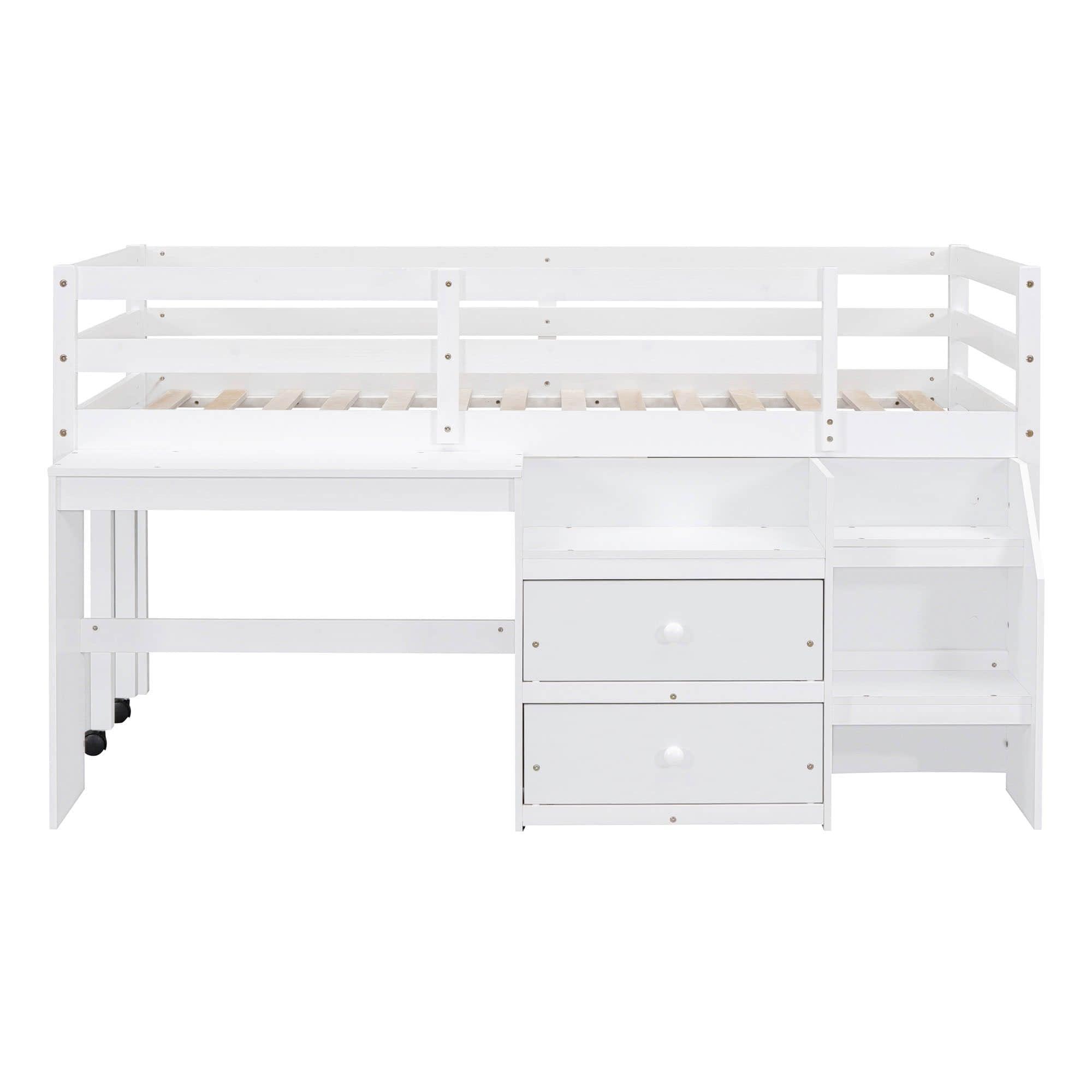 Twin Size Kids Low Loft Bed with Desk, Stairs and Storage Drawers