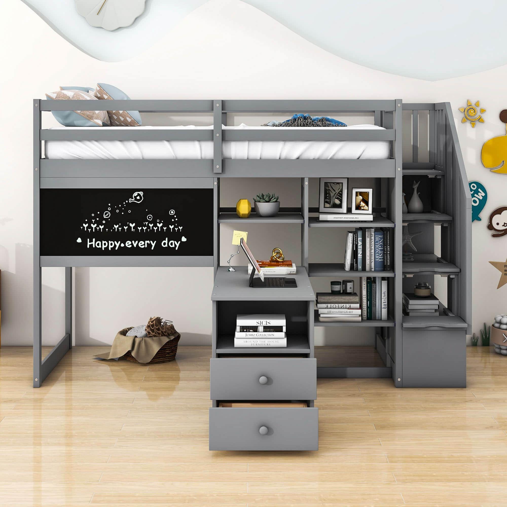 Twin Loft Bed with Stairs and Desk, Storage - [Wood, Drawers, Shelves, Blackboard]