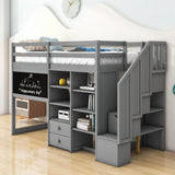 Twin Loft Bed with Stairs and Desk, Storage - [Wood, Drawers, Shelves, Blackboard]