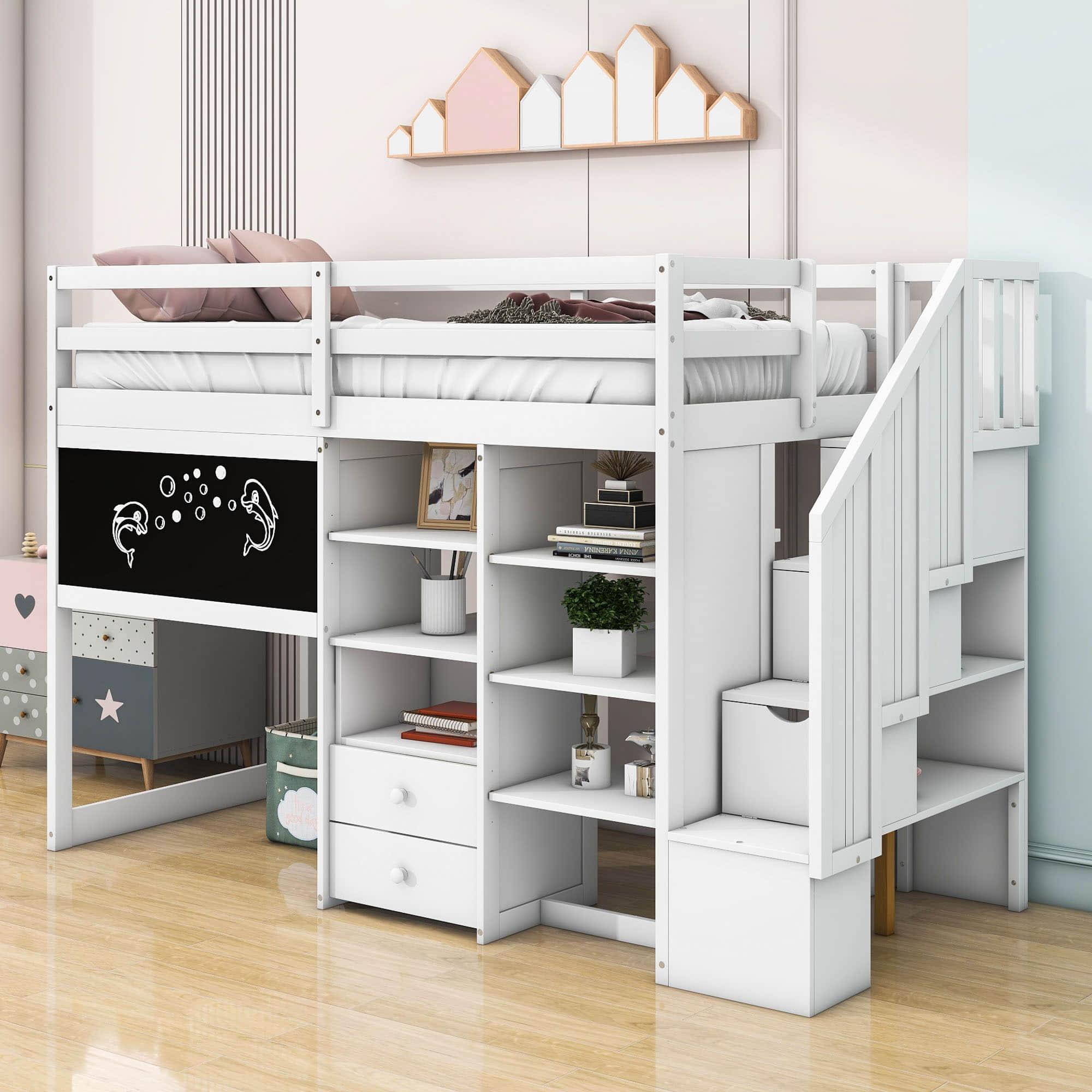 Twin Loft Bed with Stairs and Desk, Storage - [Wood, Drawers, Shelves, Blackboard]