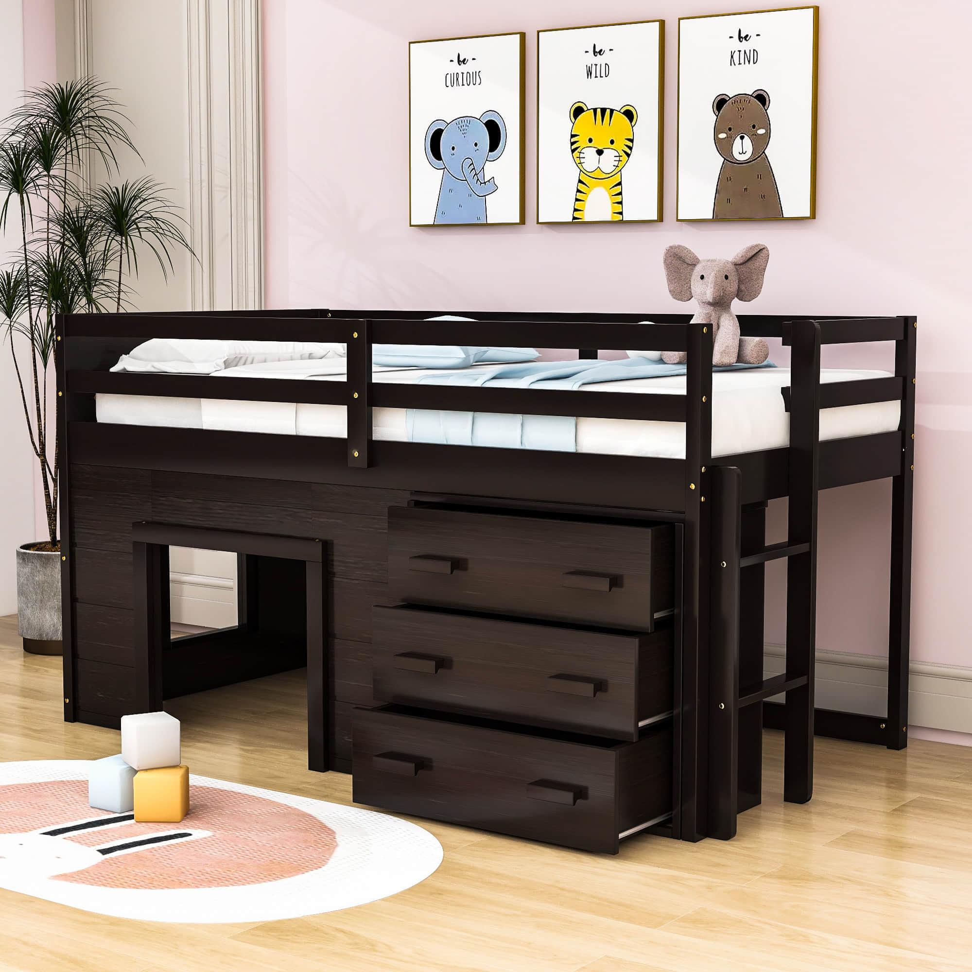 Low Twin Loft Bed with Detachable Storage Dresser for Kids - [Wood, Playhouse, Drawers]