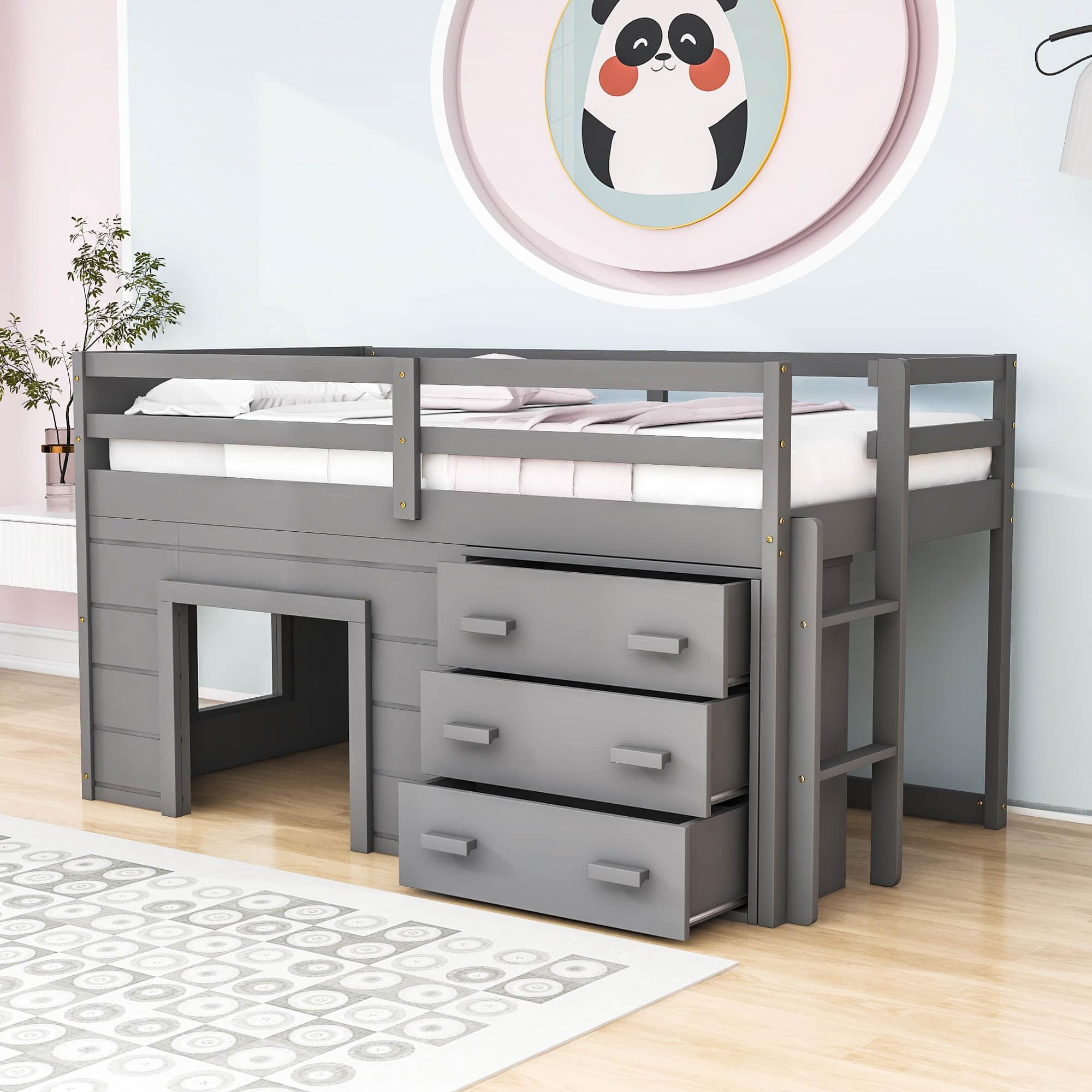 Low Twin Loft Bed with Detachable Storage Dresser for Kids - [Wood, Playhouse, Drawers]