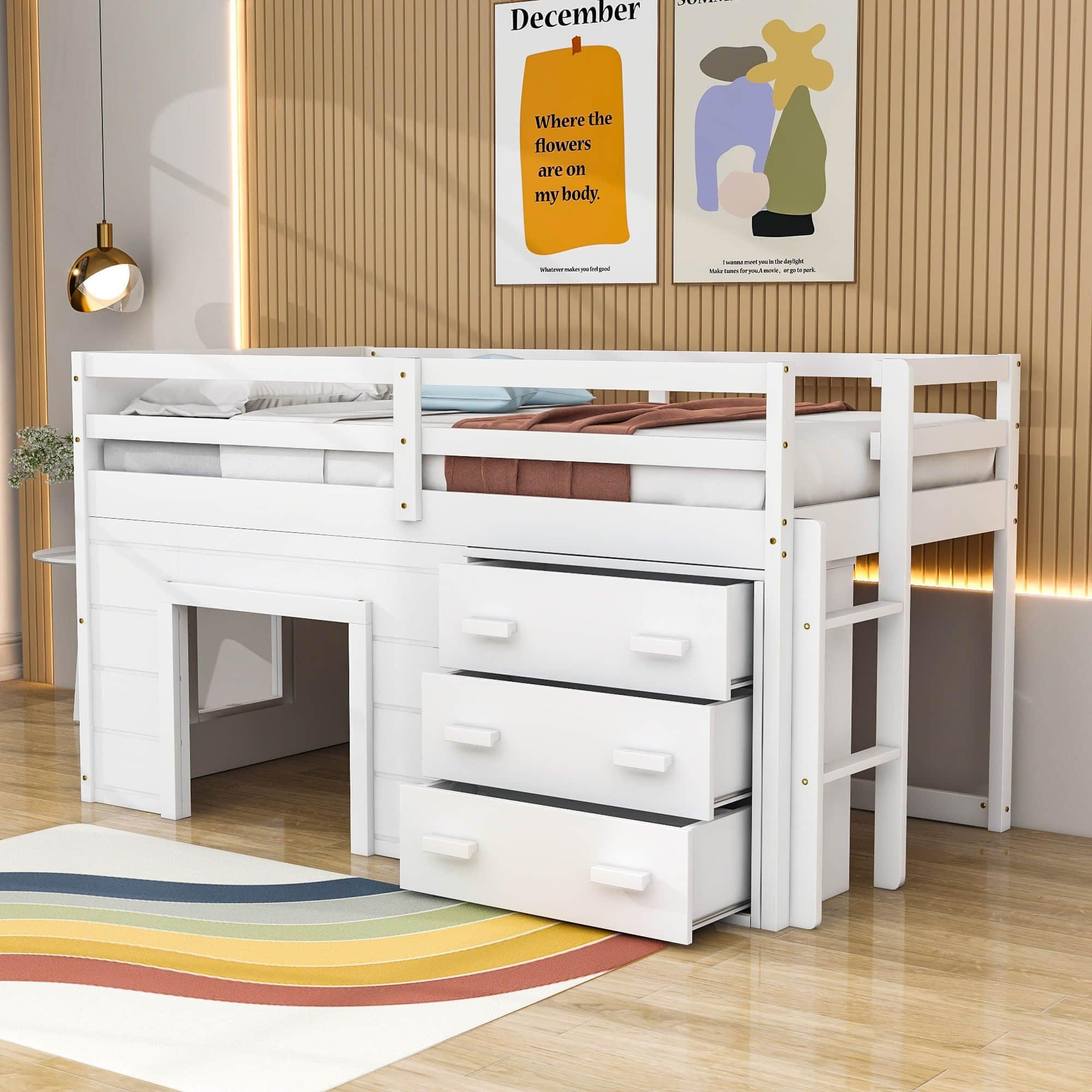 Low Twin Loft Bed with Detachable Storage Dresser for Kids - [Wood, Playhouse, Drawers]