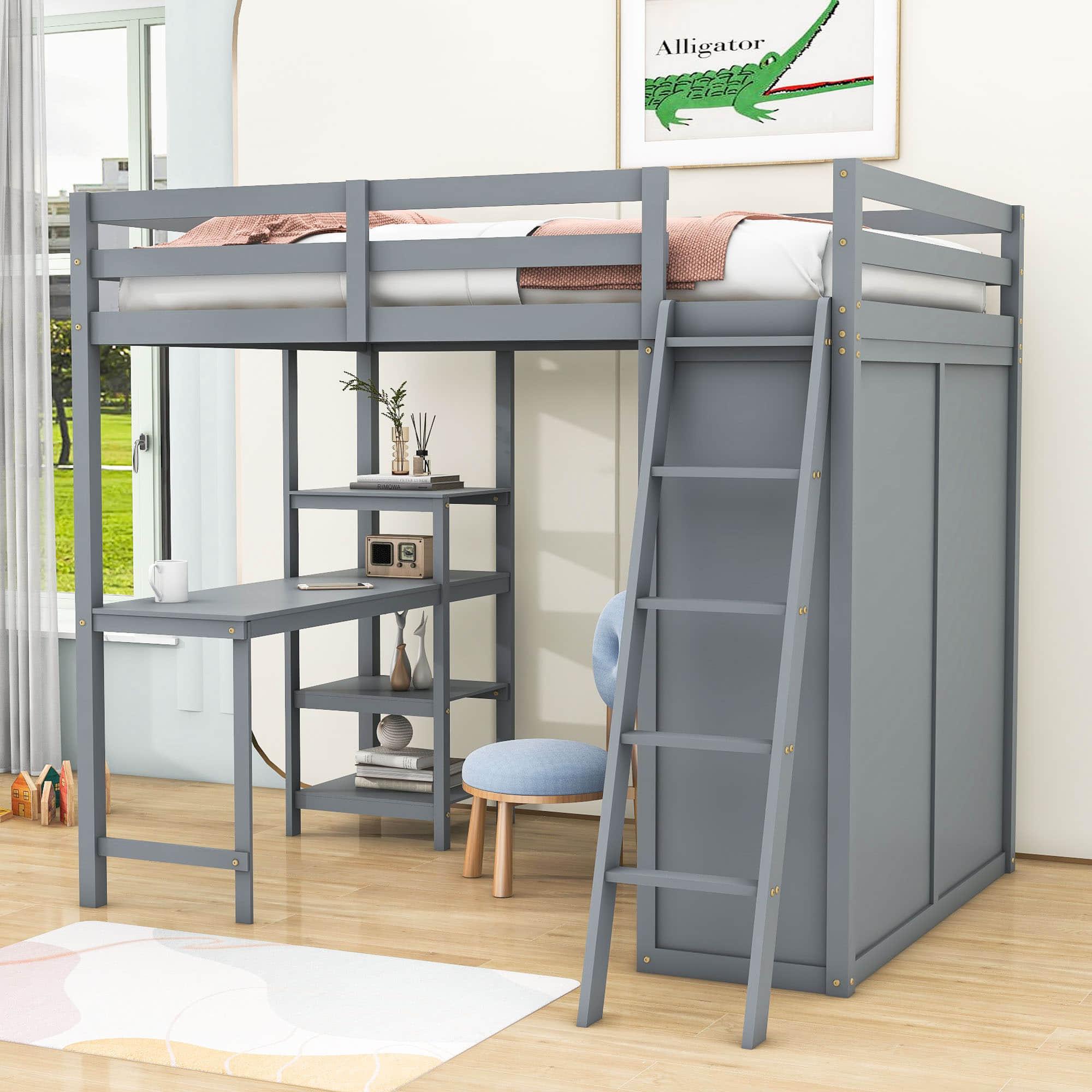 Full Size Loft Bed with Desk and Storage for Adults, Kids - [Wardrobe]