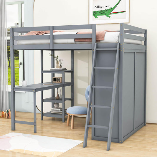 Full Size Loft Bed with Desk and Storage for Adults, Kids - [Wardrobe]