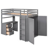 Wood Twin Loft Bed with Desk and Storage for Kids, Adults - [Wardrobe]