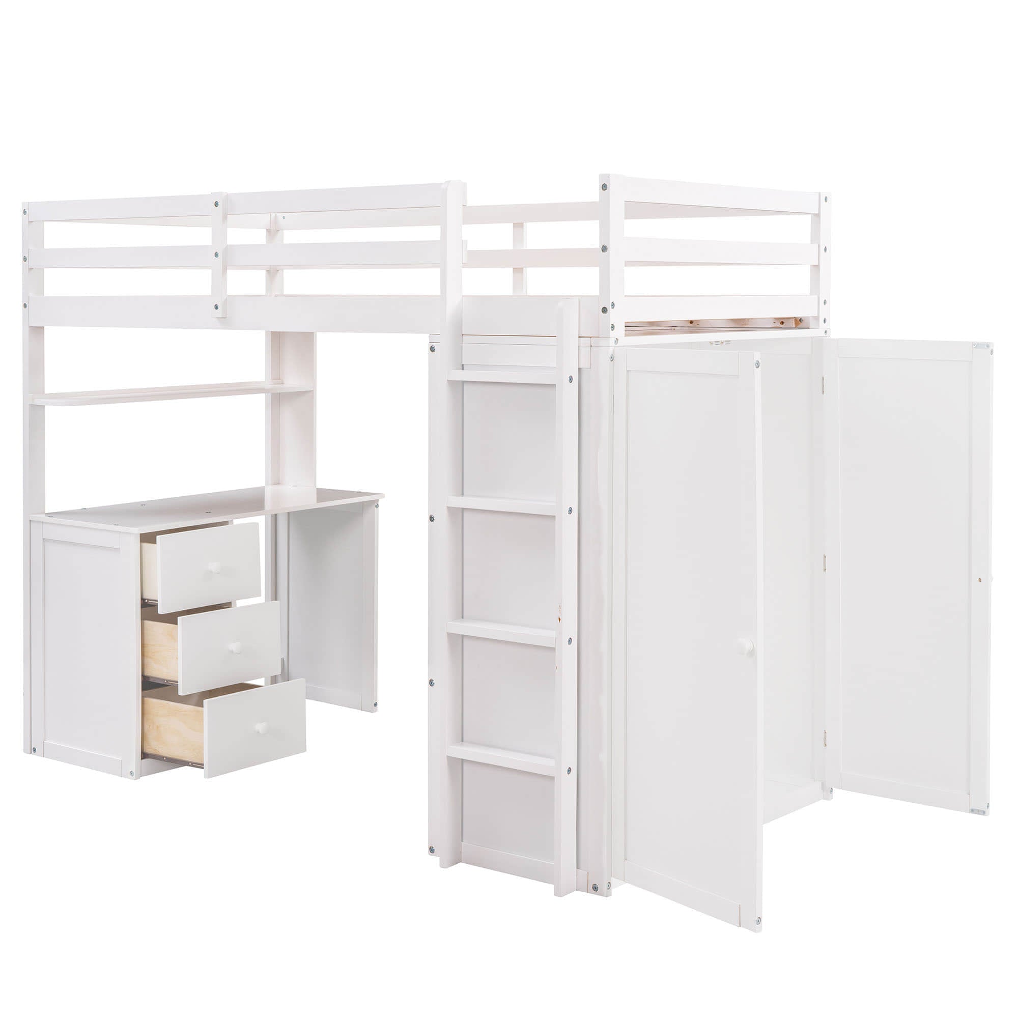 Wood Twin Loft Bed with Desk and Storage for Kids, Adults - [Wardrobe]