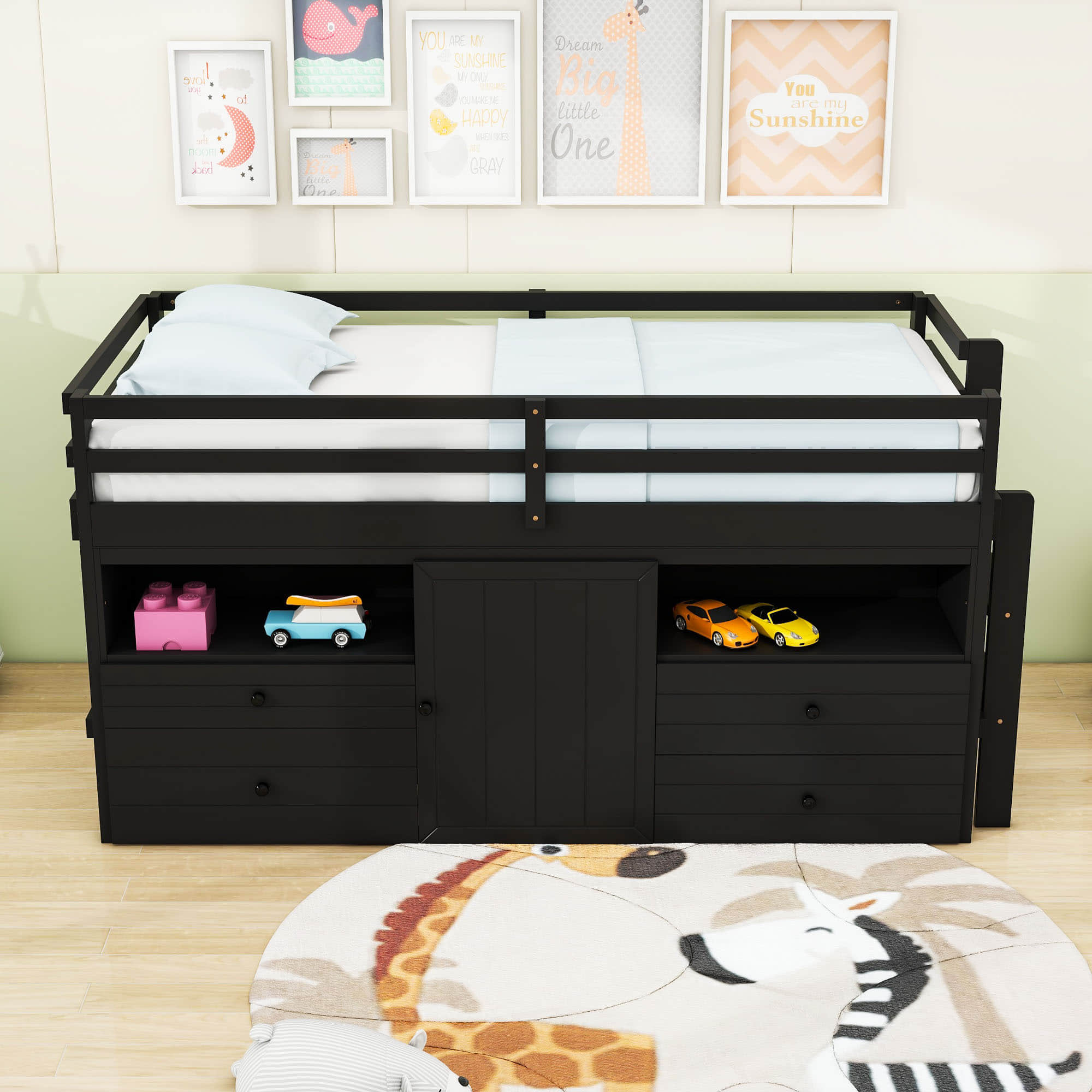 Low Twin Loft Bed Frame with Storage for Kids - [Drawers, Cabinet, Shelves]