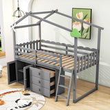 Twin Size Low House Loft Bed with Storage for Kids - [Cabinet, Drawers]