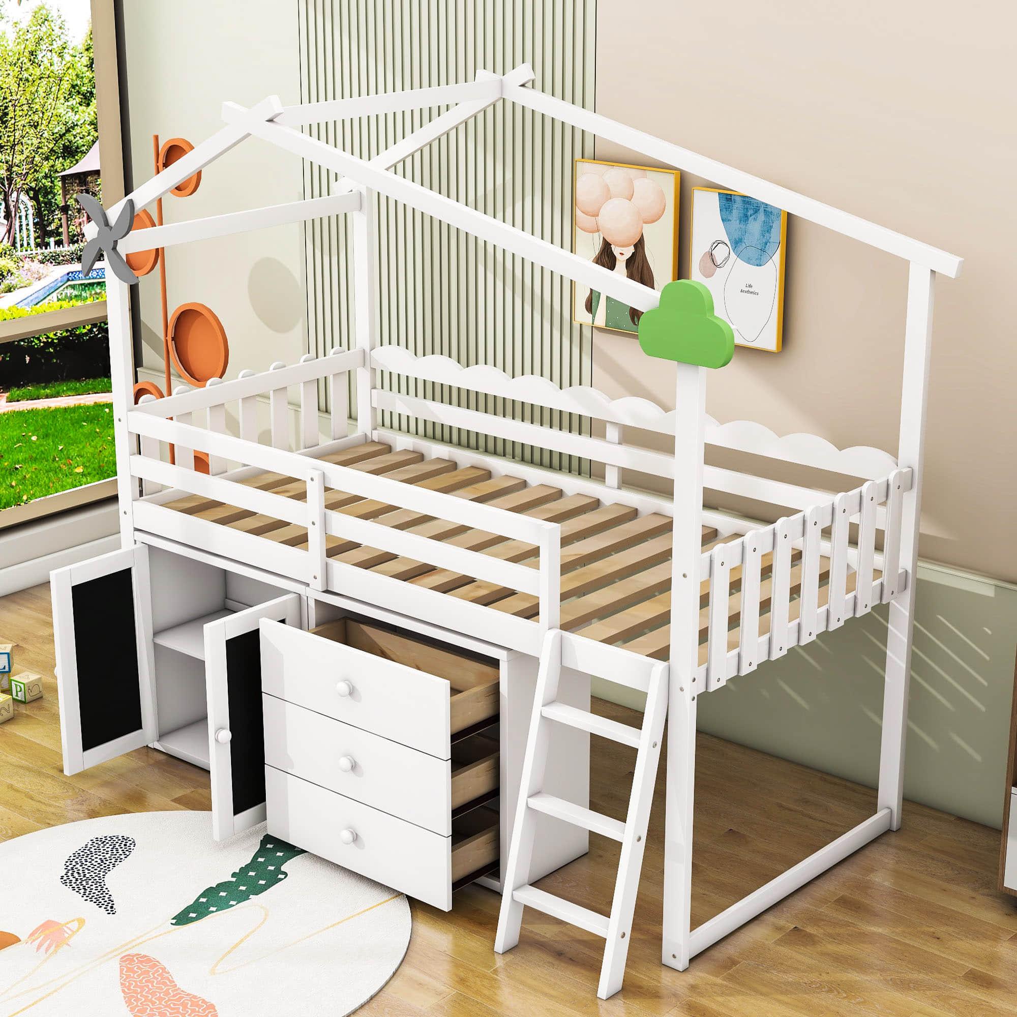 Twin Size Low House Loft Bed with Storage for Kids - [Cabinet, Drawers]