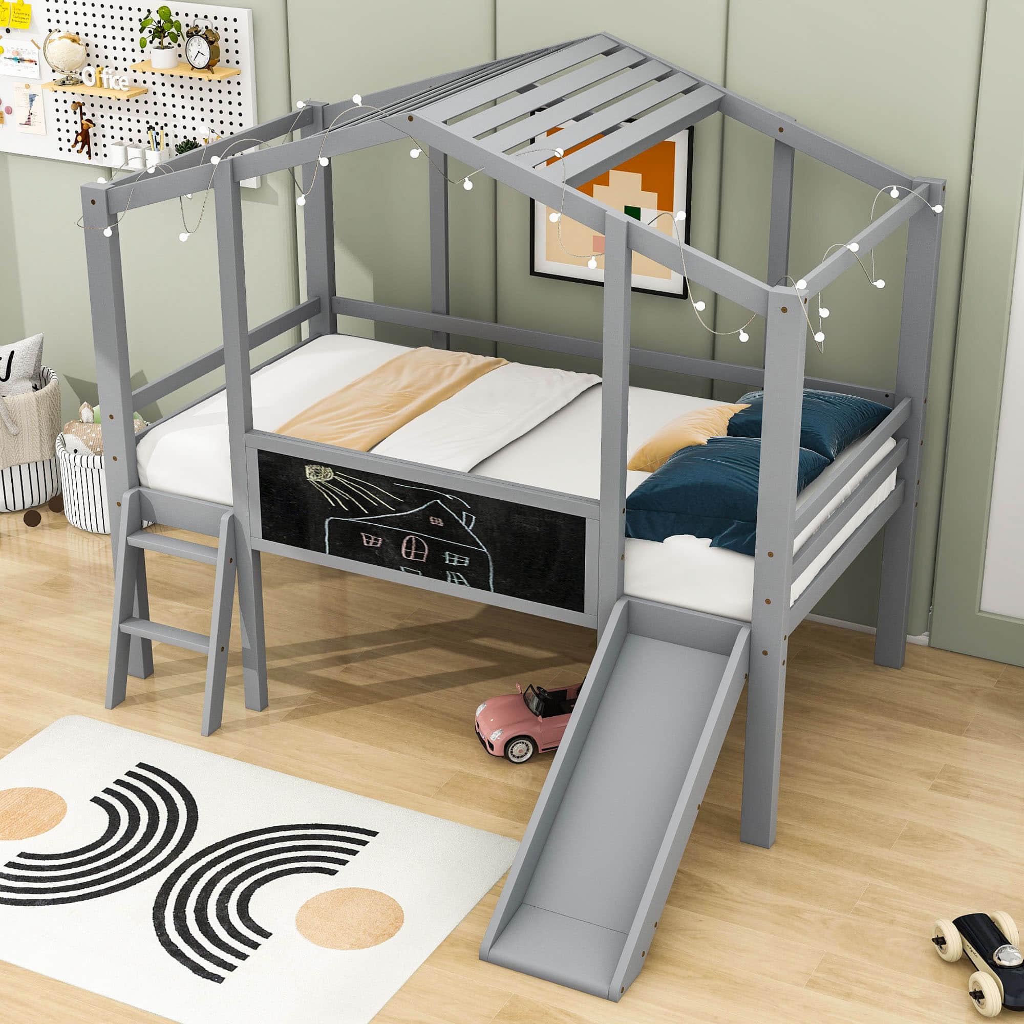 Twin House Low Loft Bed with Slide and Blackboard for Kids, Toddler - [Wood]