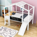 Twin House Low Loft Bed with Slide and Blackboard for Kids, Toddler - [Wood]