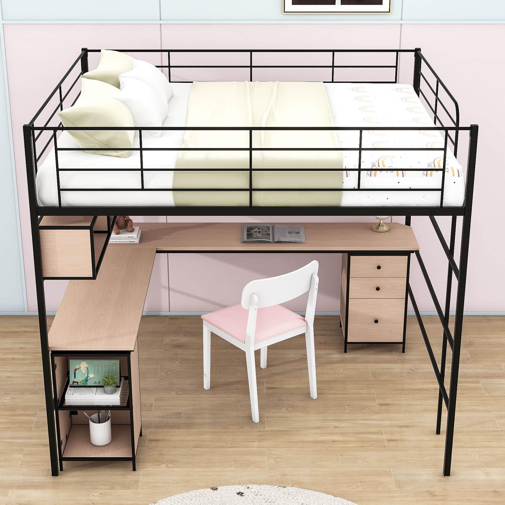 Metal Full Size Loft Bed with Desk and Storage for Adults, Teens