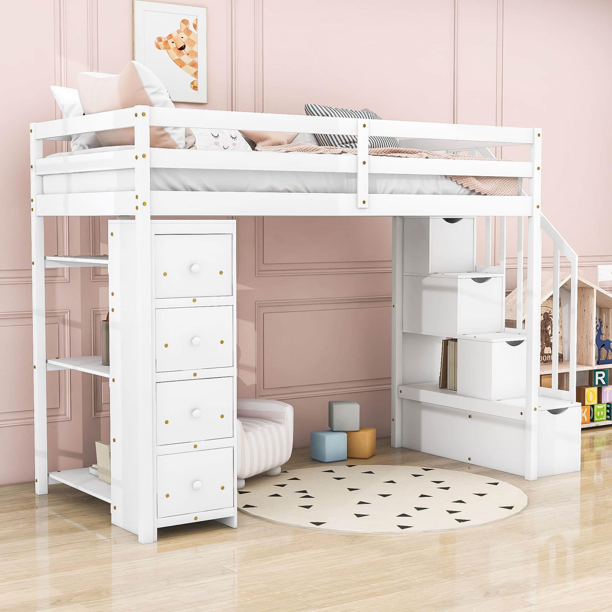 Twin Loft Bed with Stairs and Storage for Kids, Junior - [Wood, Drawers, Shelves]