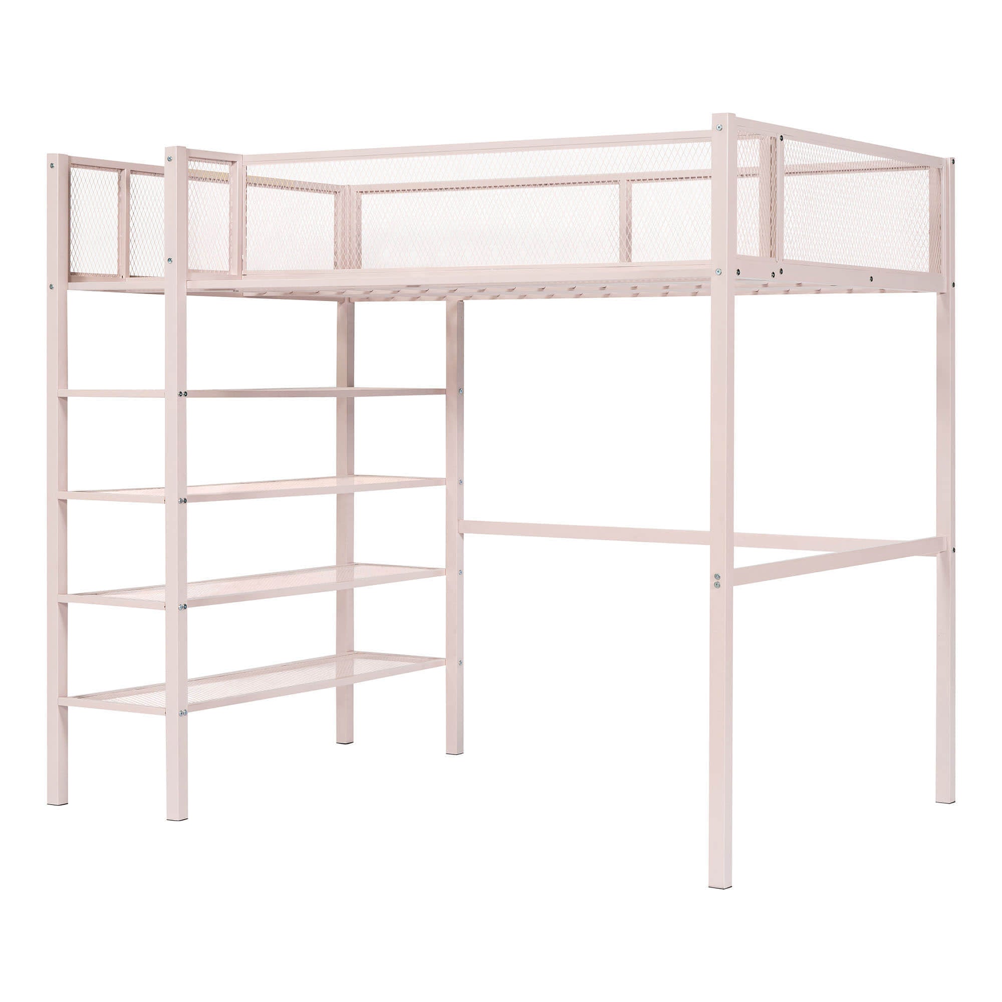 Sturdy Twin Metal Loft Bed Frame with Storage Shelves for Adults, Kids