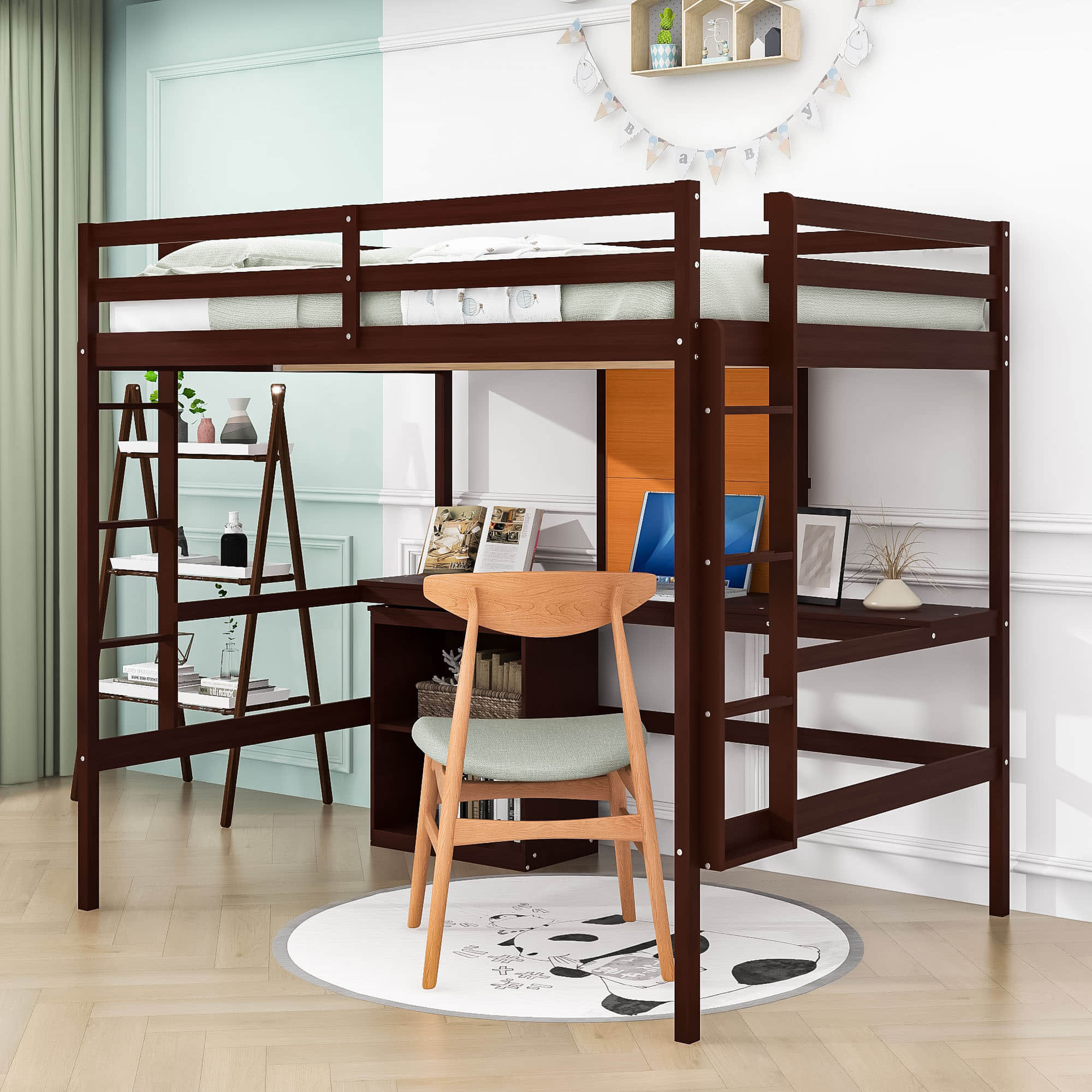 Full Size Loft Bed with Desk and Storage, Writing Board for Adults