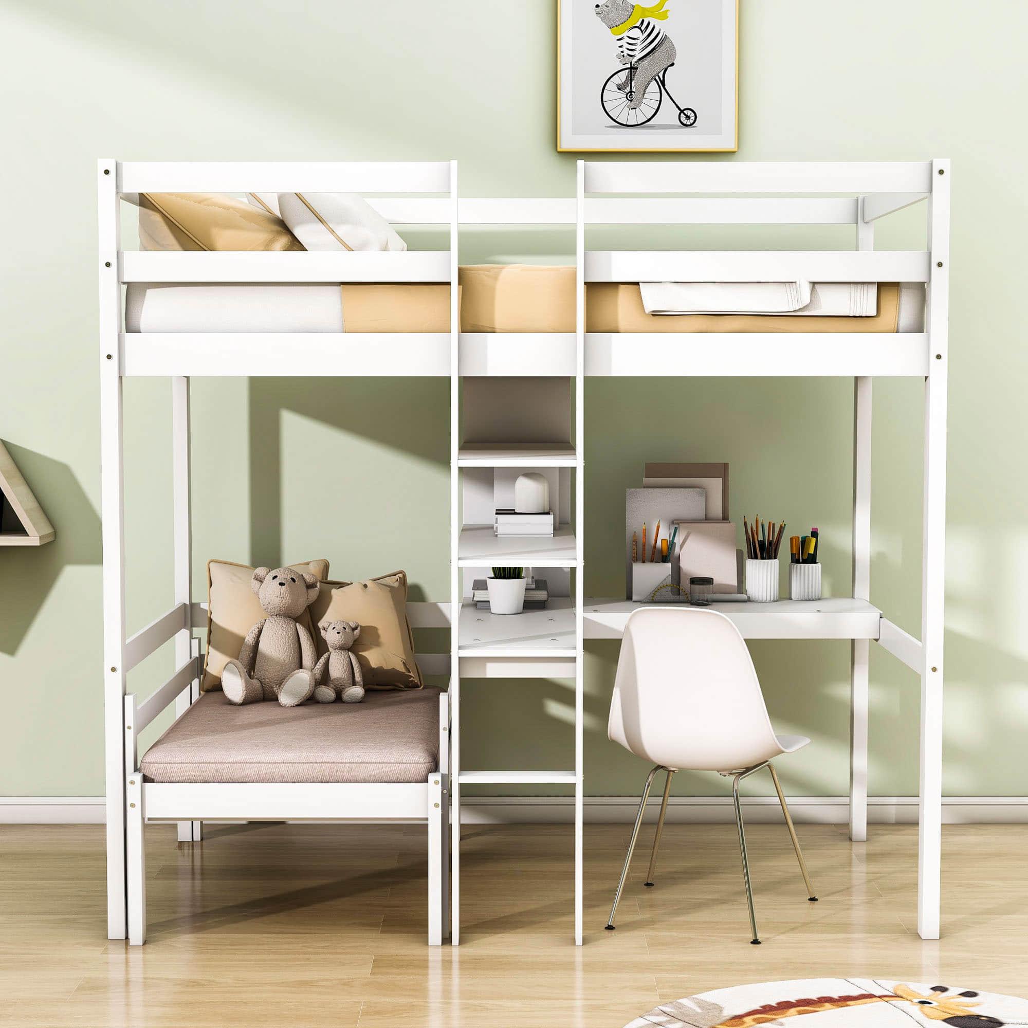 Twin Convertible High Loft Bed with Desk and Shelves for Adult - [Couch, Ladder, Wood]