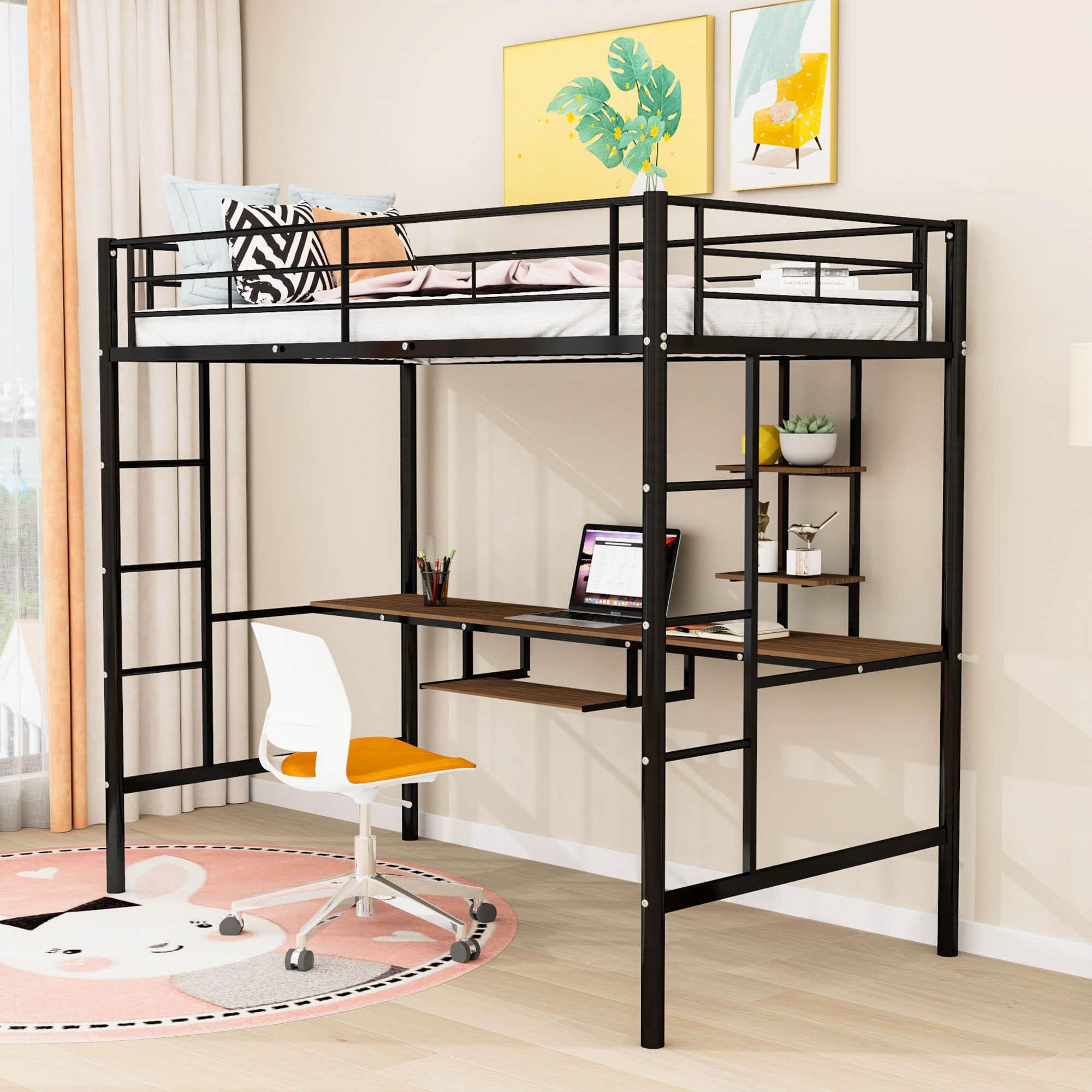 Metal Twin Gaming Loft Bed Frame with Desk and Shelves - [2 Ladders]