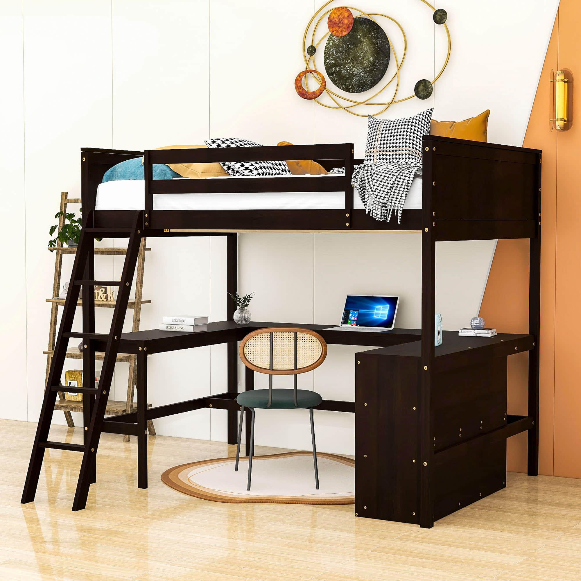 Full Size Convertible High Loft Bed with Desk and Shelves - [Cabinet, Wood]