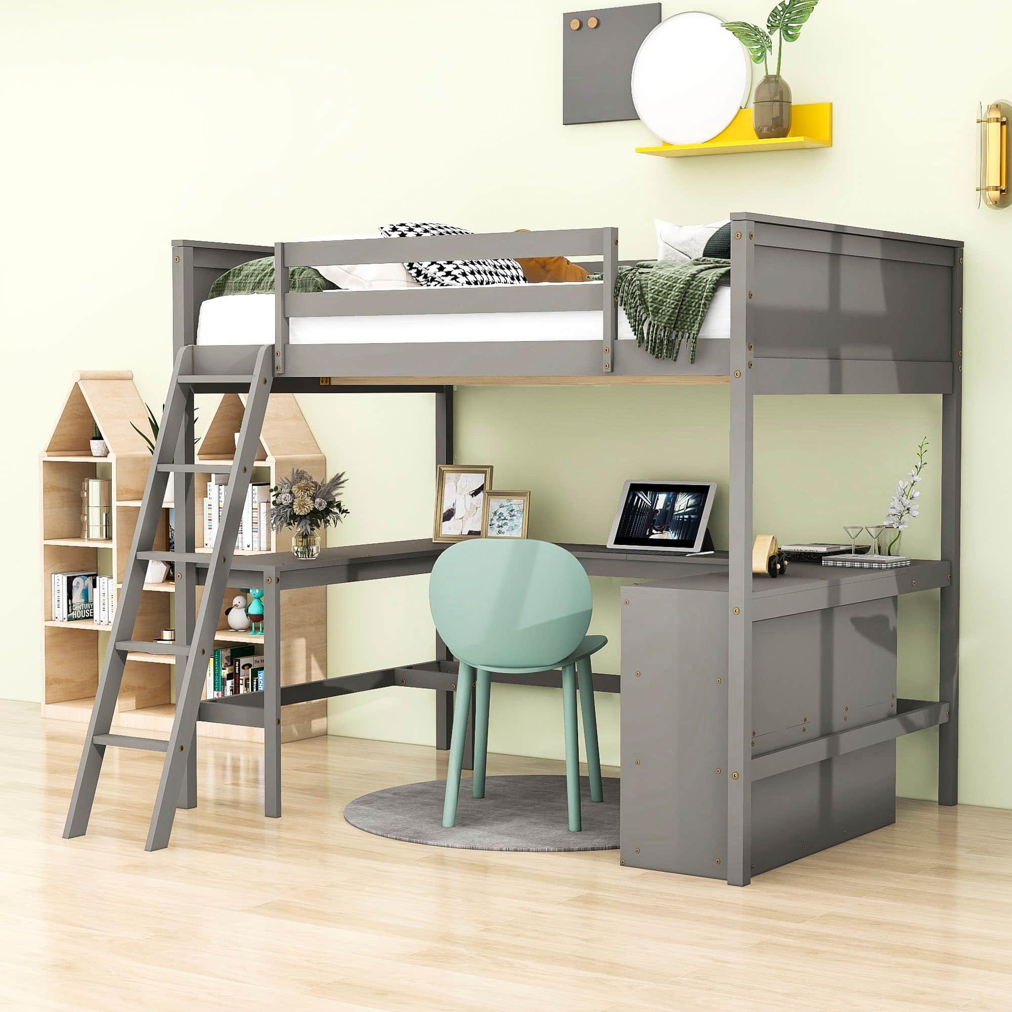 Full Size Convertible High Loft Bed with Desk and Shelves - [Cabinet, Wood]