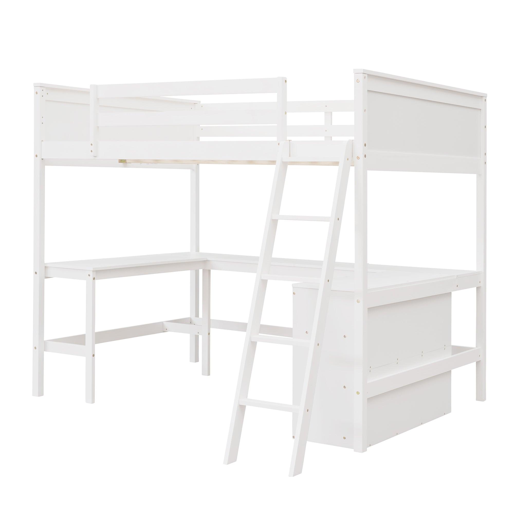 Full Size Convertible High Loft Bed with Desk and Shelves - [Cabinet, Wood]