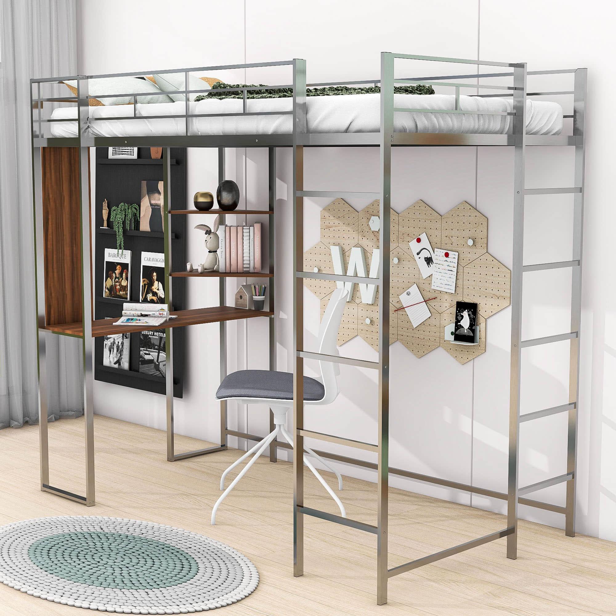 Metal Twin Loft Bed with Desk and Storage Shelves for Teens, Junior, Adult